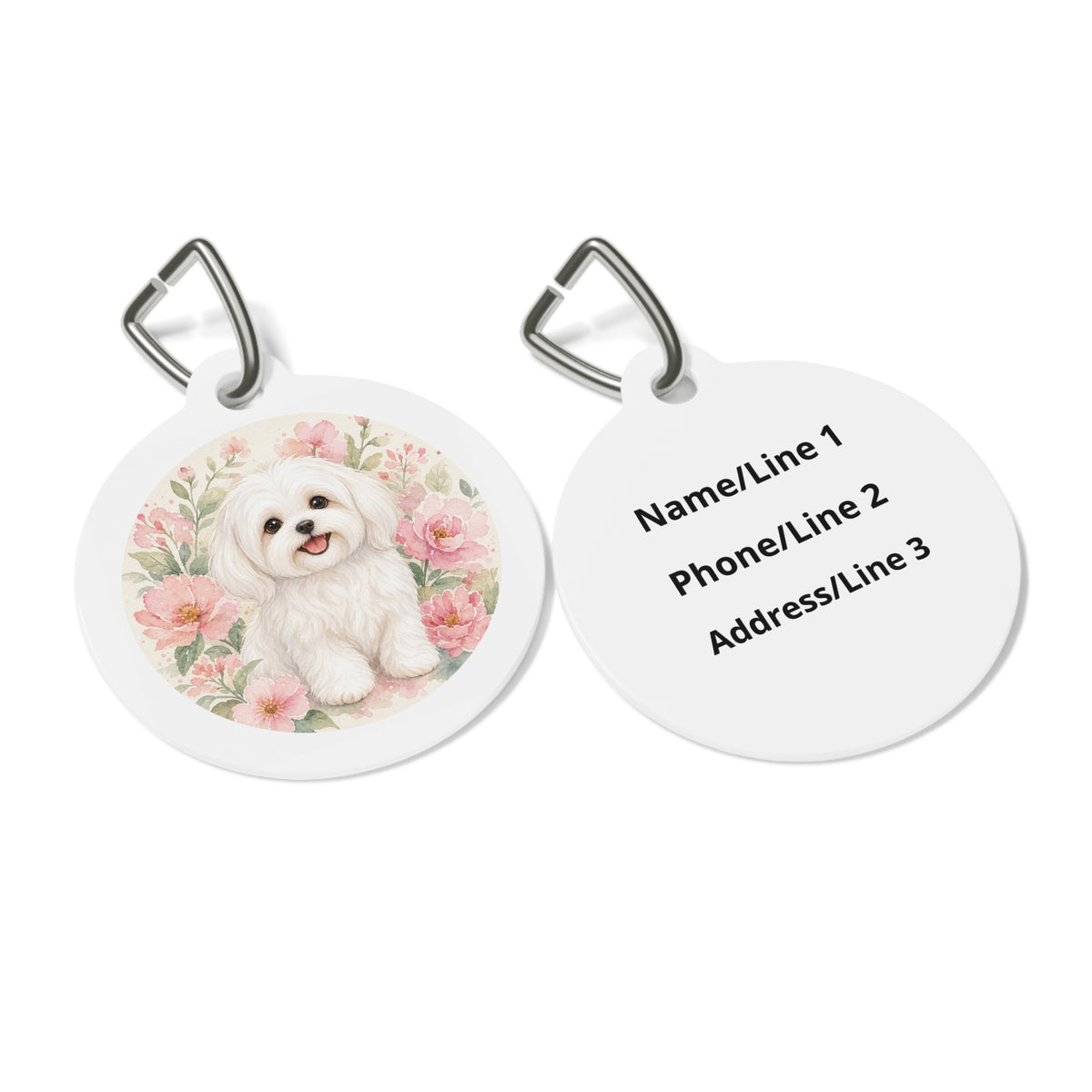 Close-up of Maltese Pink Floral Garden artwork on personalized dog ID tag