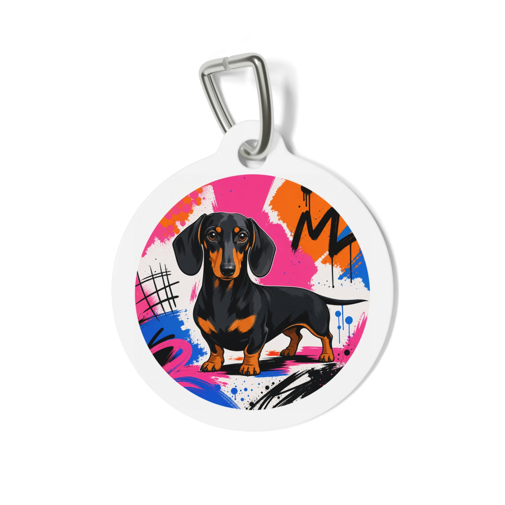Etiqueta de identificación de perro Dachshund alegre de color vibrante y personalizada