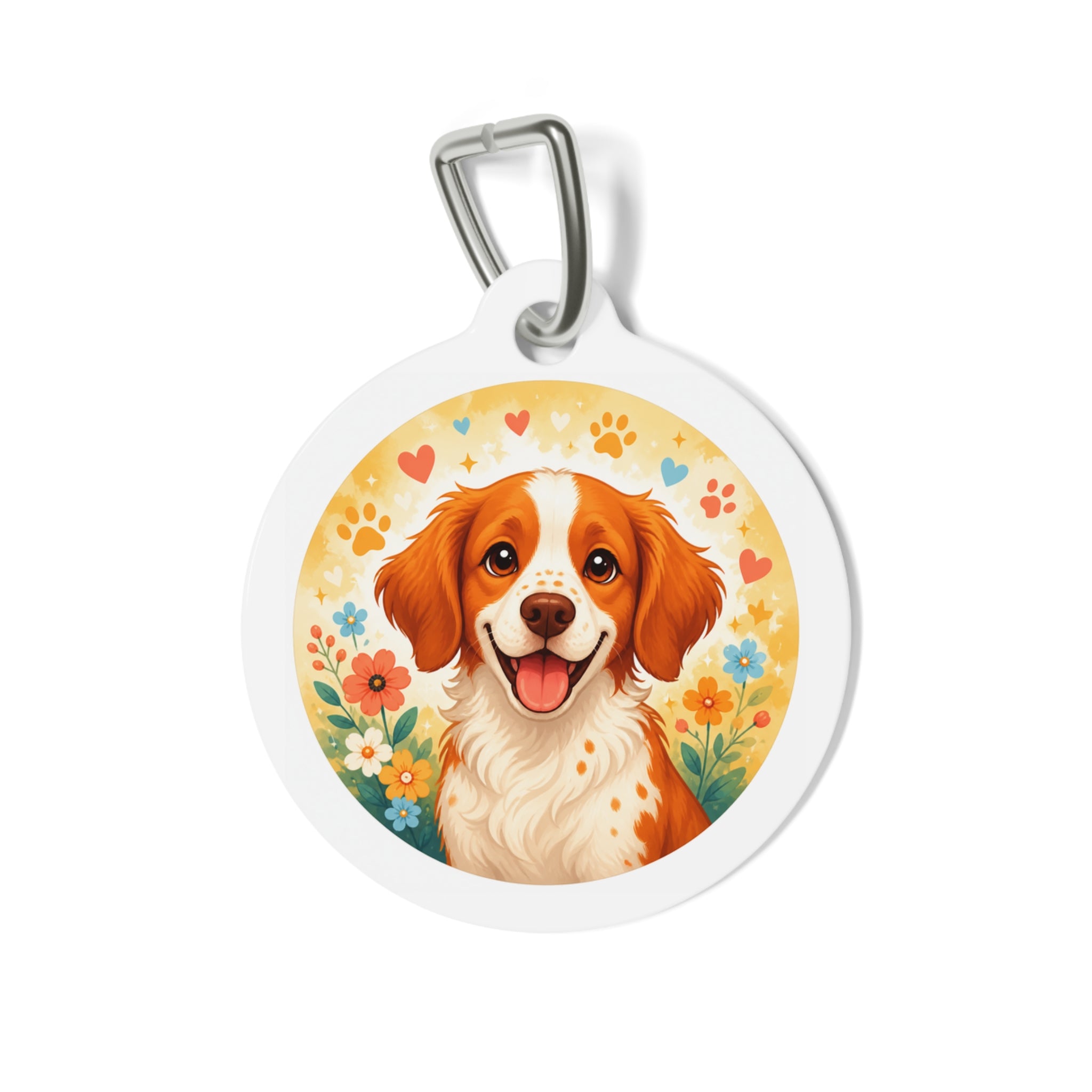 Brittany Cheerful Floral Portrait Personalized Dog ID Tag