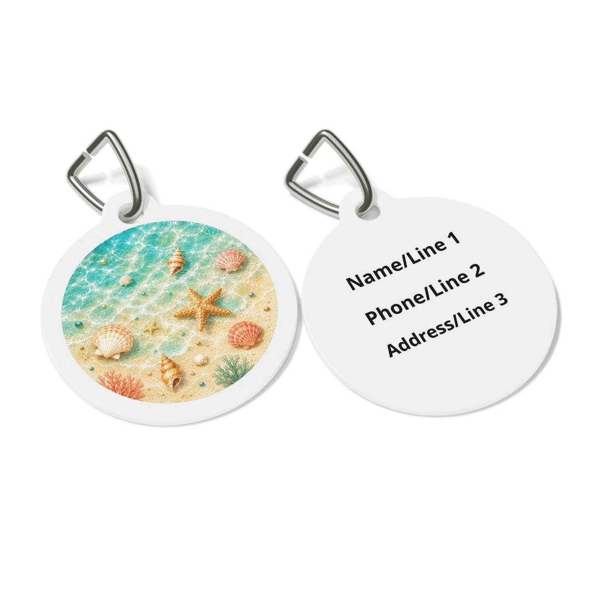 Close-up of Seashell Lagoon Dreamy Coastal Scene artwork on personalized dog ID tag