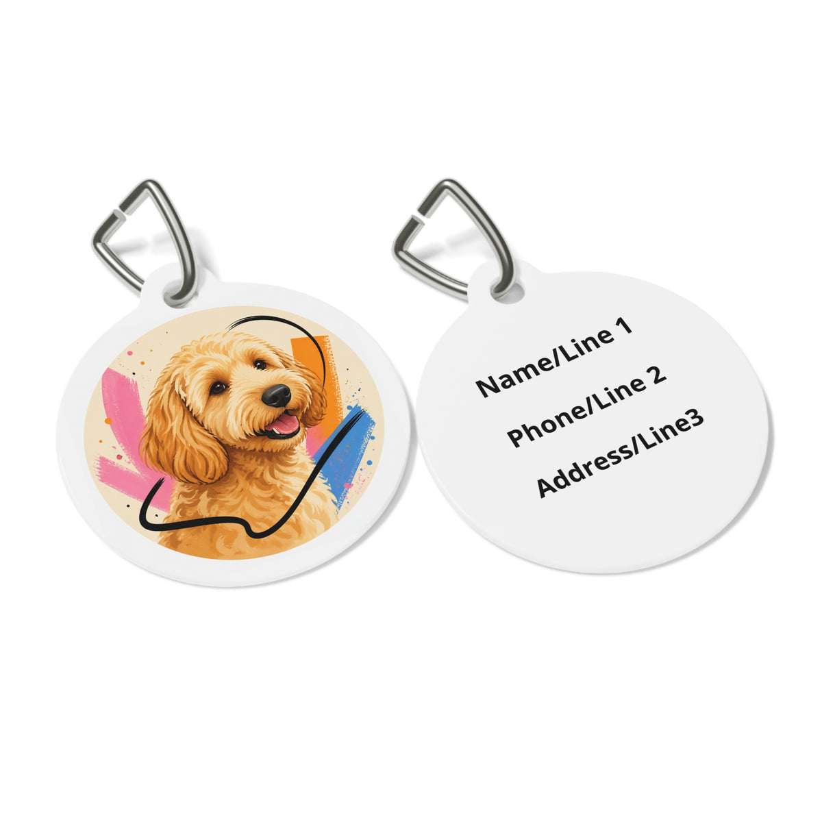 Close-up of Goldendoodle Bright Pup Portrait artwork on personalized dog ID tag