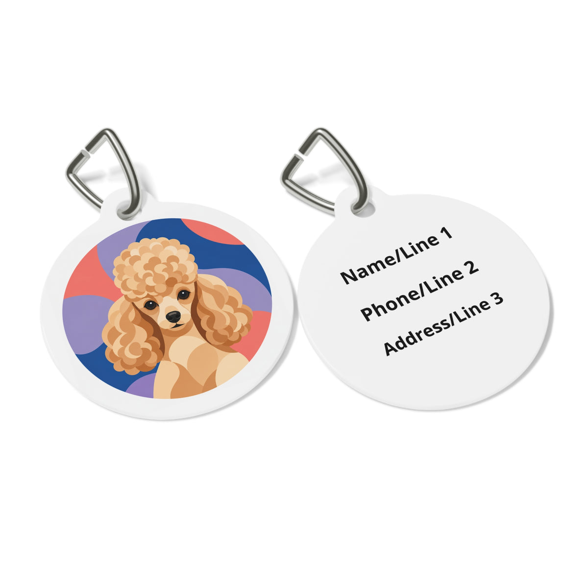 Close-up of Toy Poodle Retro Wave Show Cut artwork on personalized dog ID tag