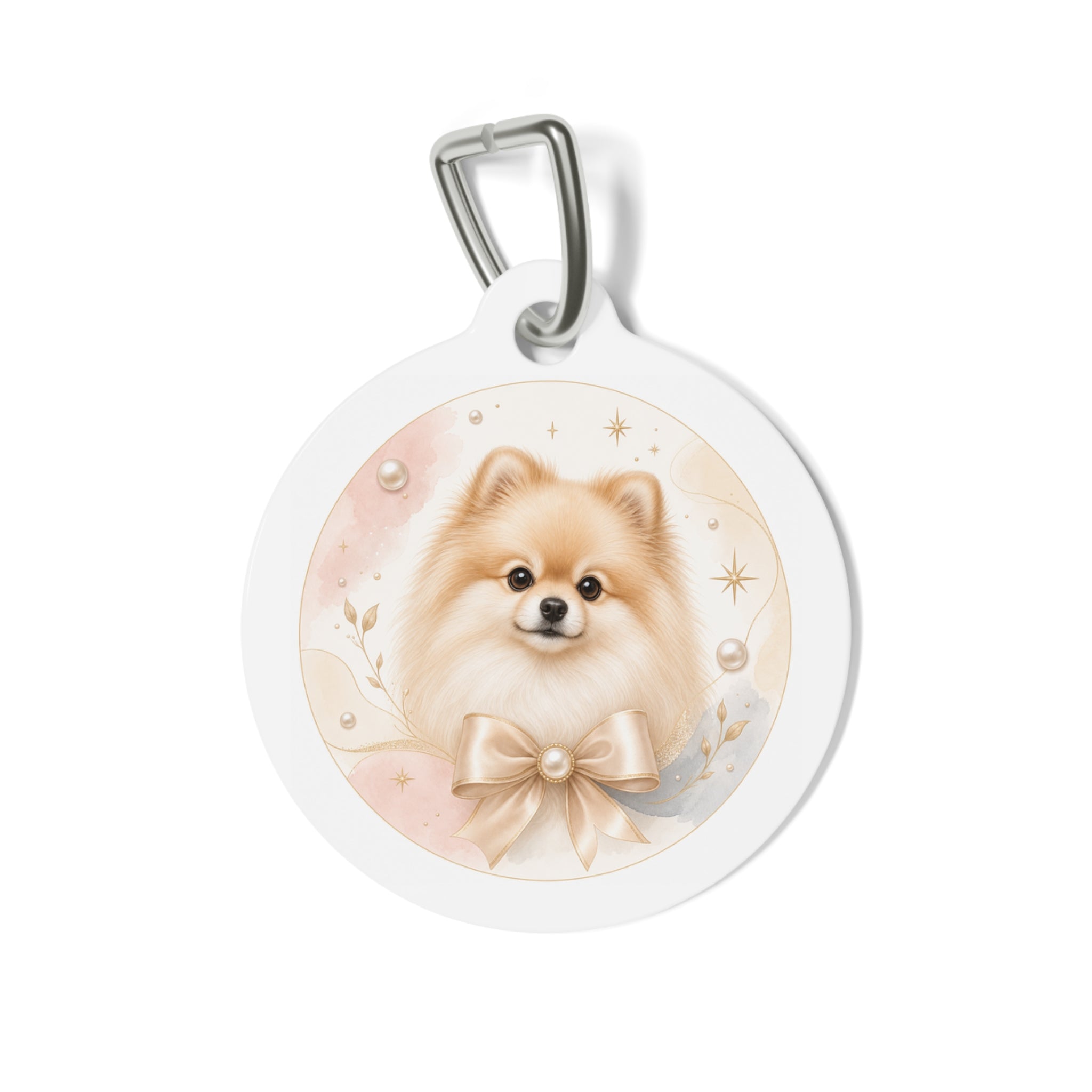 Pomeranian Pearl Bow Watercolor Personalized Dog ID Tag