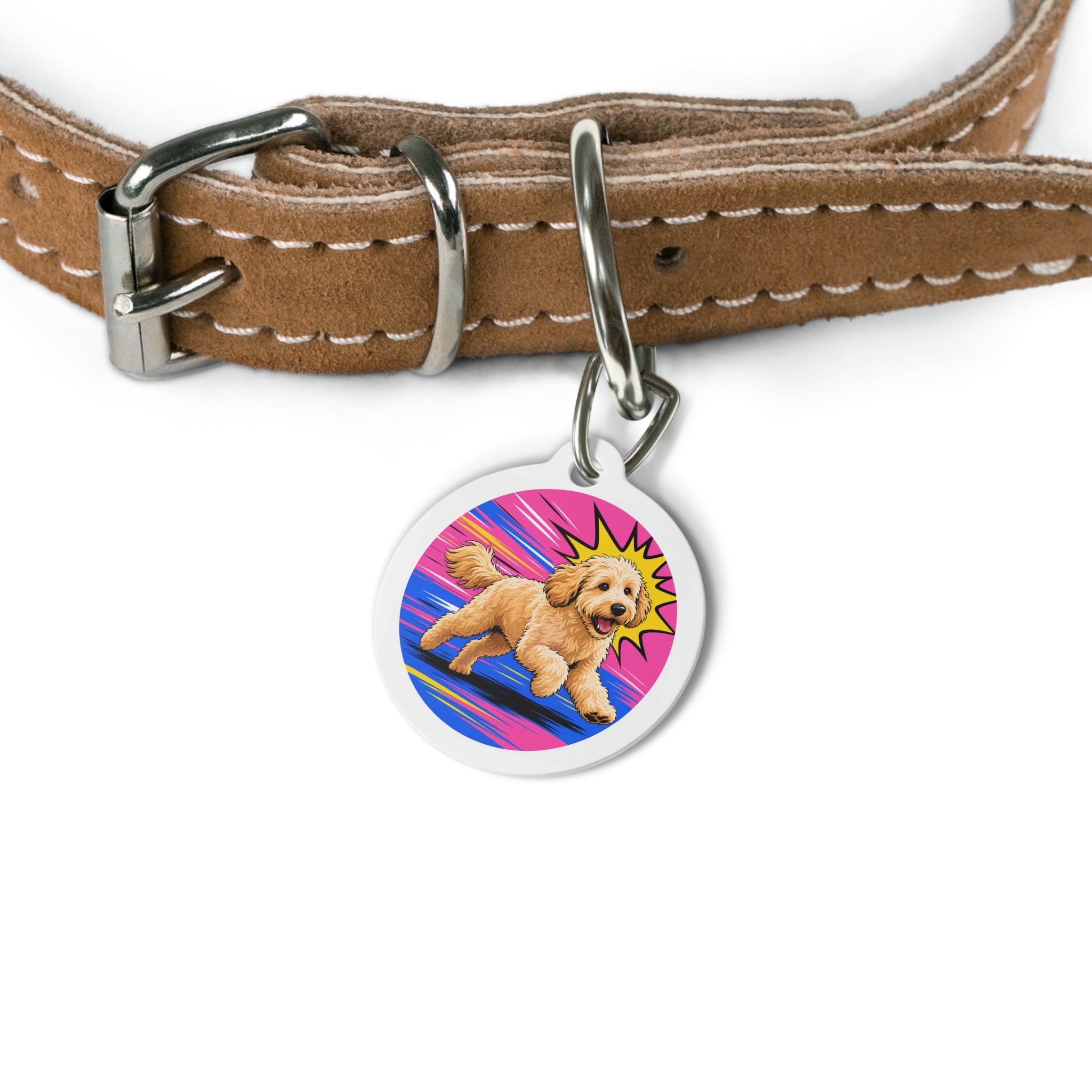 Goldendoodle Energetic Pop Art Pup Personalized Dog ID Tag
