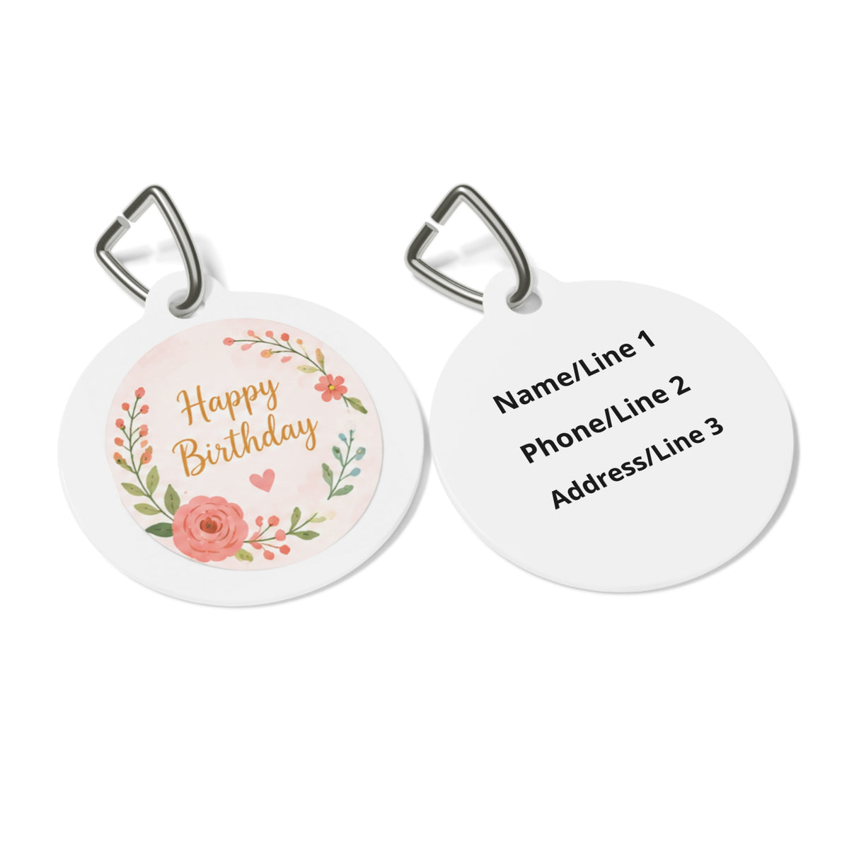 Close-up of Blush Rose Floral Keepsake artwork on personalized dog ID tag