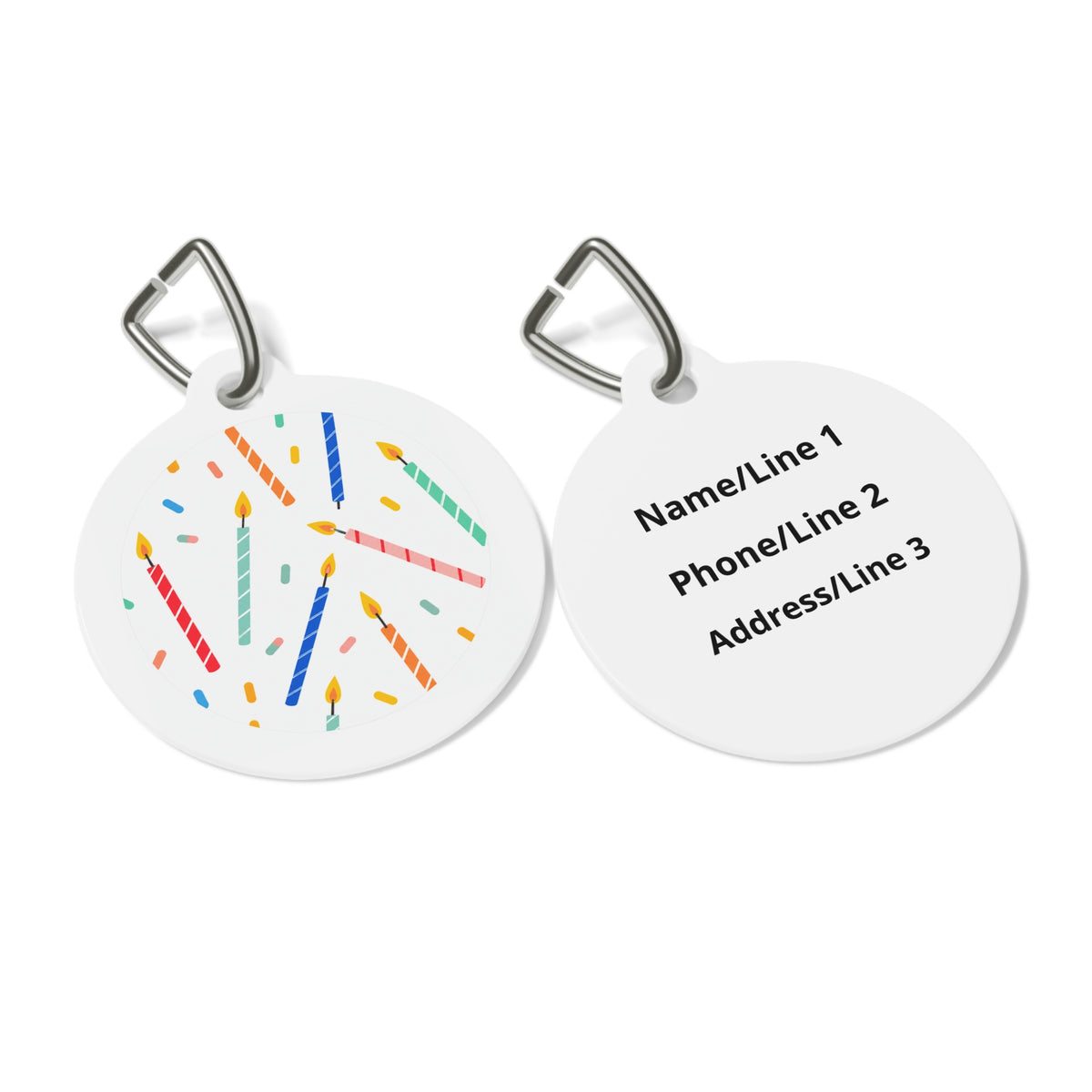 Close-up of Minimalist Rainbow Candle Sprinkle artwork on personalized dog ID tag
