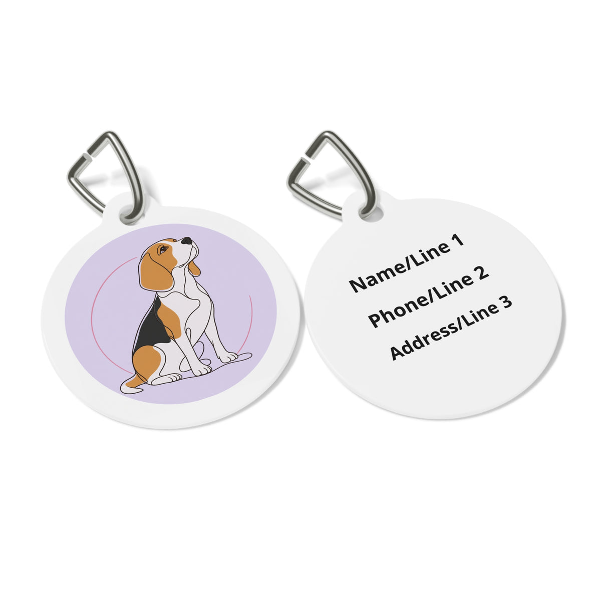 Close-up of Beagle Lavender Line Art artwork on personalized dog ID tag