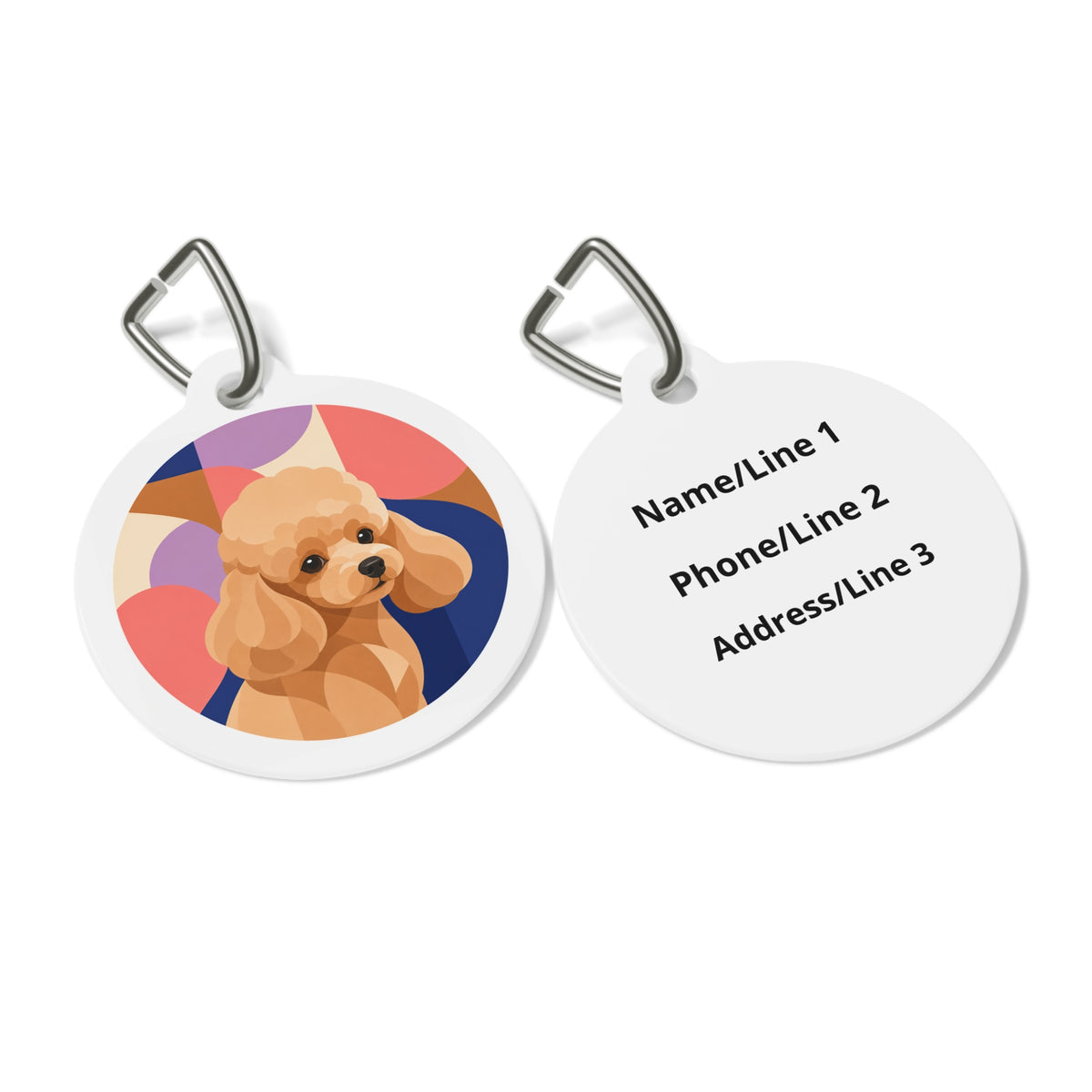 Close-up of Toy Poodle Warm Mod Shapes Apricot artwork on personalized dog ID tag