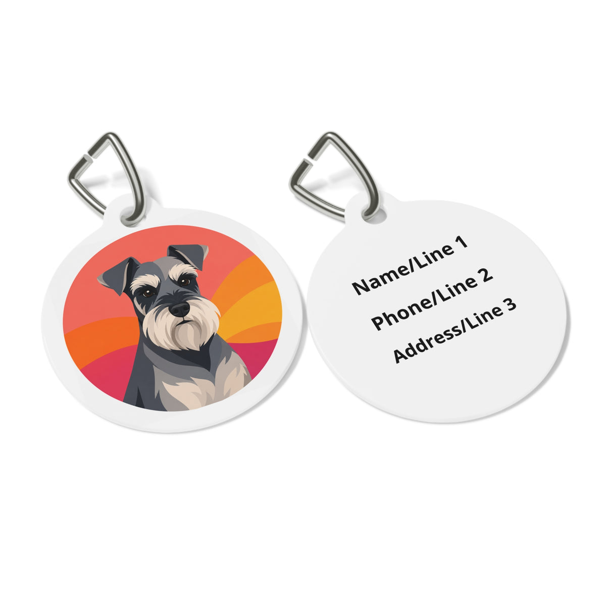 Close-up of Miniature Schnauzer Retro Sunset artwork on personalized dog ID tag