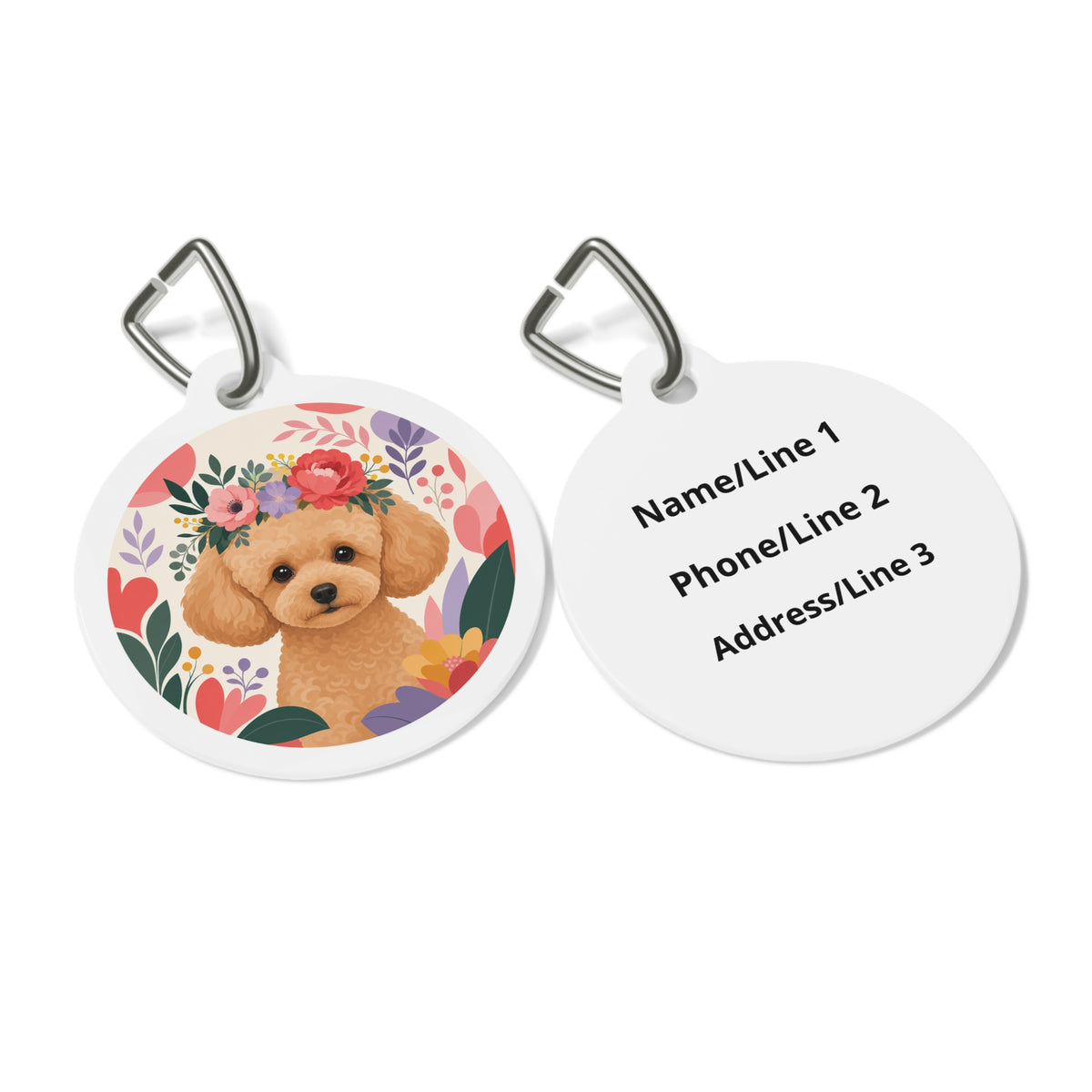 Close-up of Toy Poodle Garden Crown Apricot artwork on personalized dog ID tag