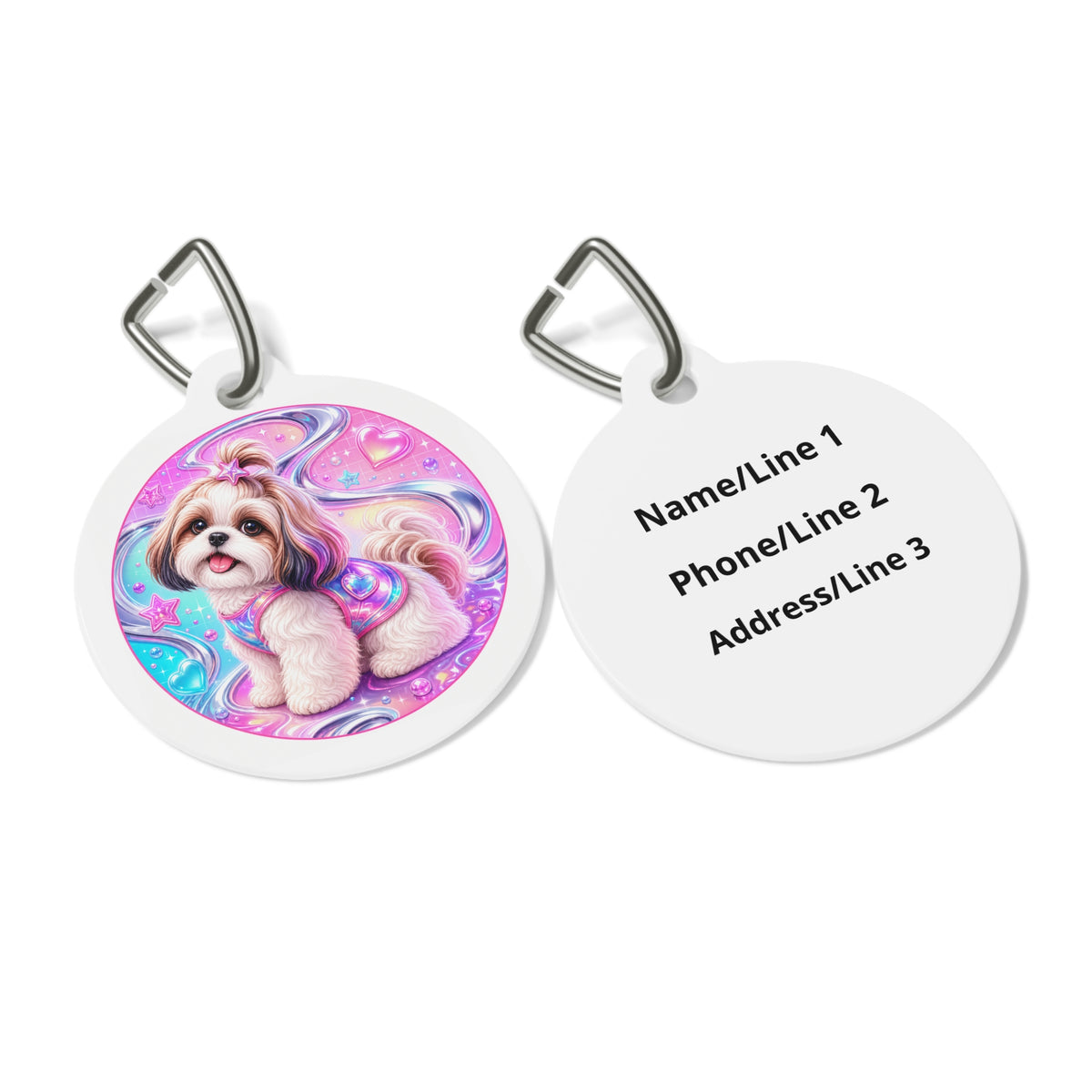 Close-up of Shih Tzu Cosmic Pastel Swirl artwork on personalized dog ID tag