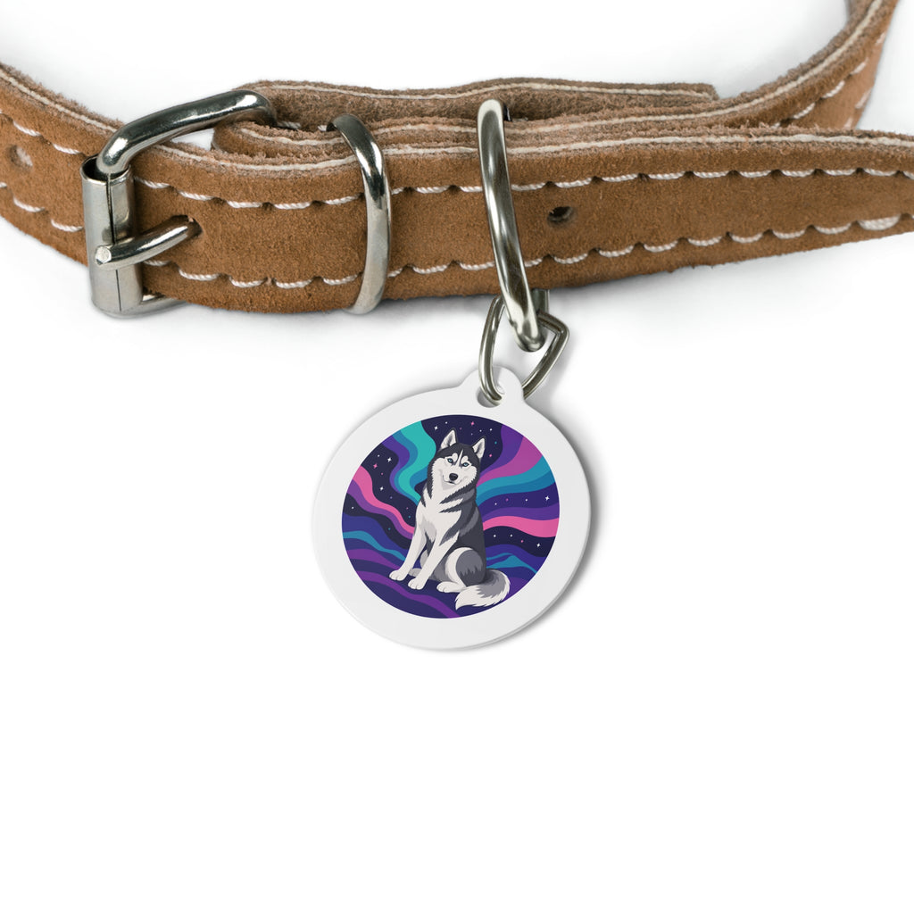 Etiqueta de identificación de perro personalizada con husky siberiano y auroras boreales