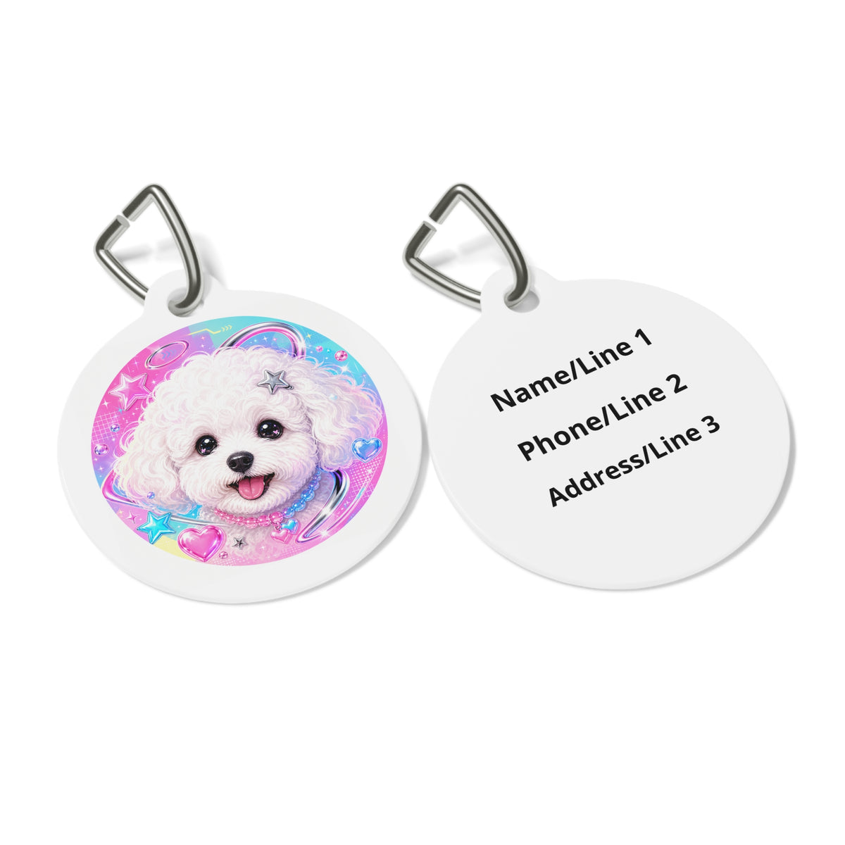 Close-up of Bichon Frise Cosmic artwork on personalized dog ID tag