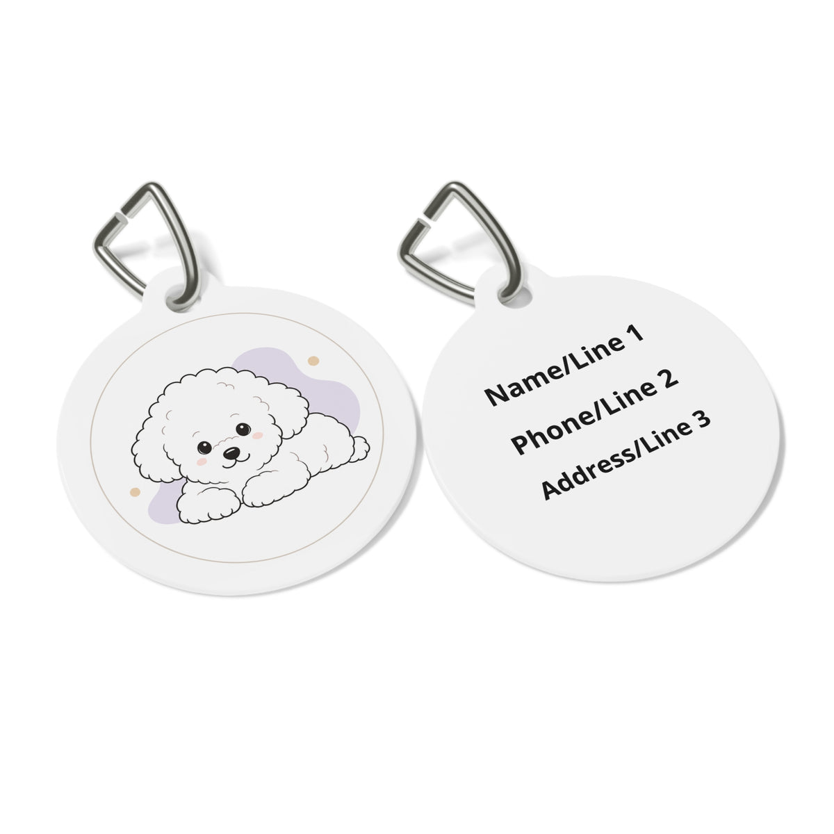 Close-up of Bichon Frise Joyful Playful Portrait artwork on personalized dog ID tag