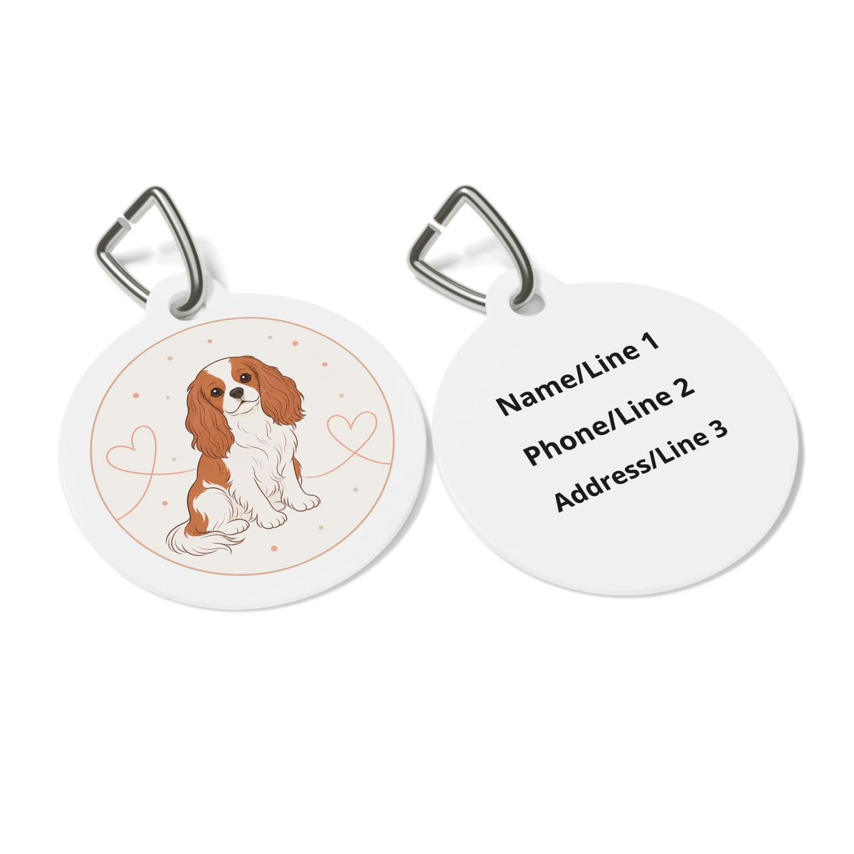 Close-up of Cavalier King Charles Spaniel Sweet Heart artwork on personalized dog ID tag