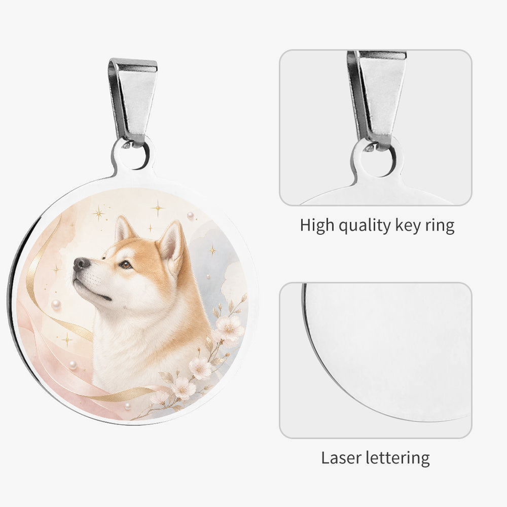 Close-up of ethereal pearl Akita artwork on personalized dog tag
