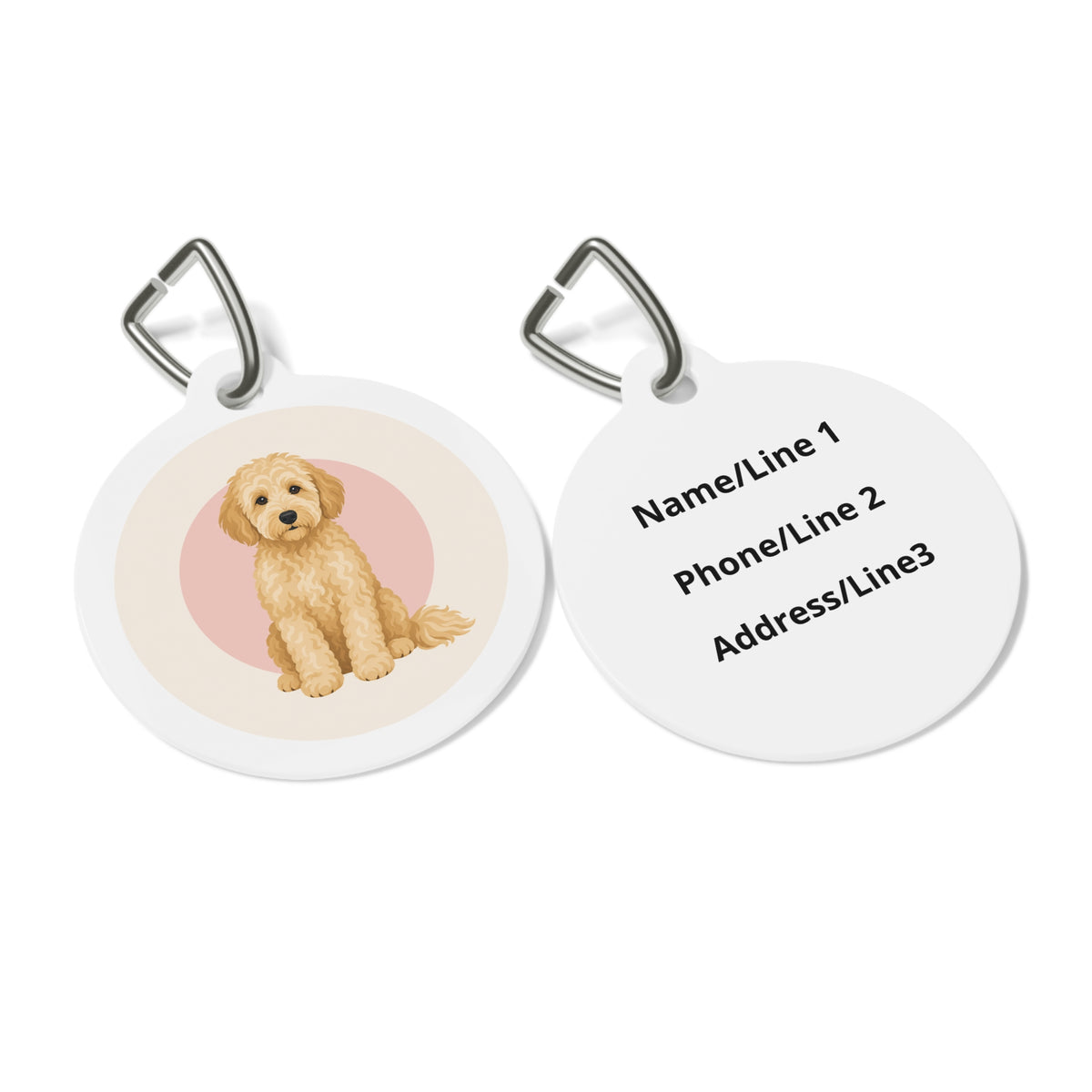Close-up of Goldendoodle Soft Vintage Portrait artwork on personalized dog ID tag