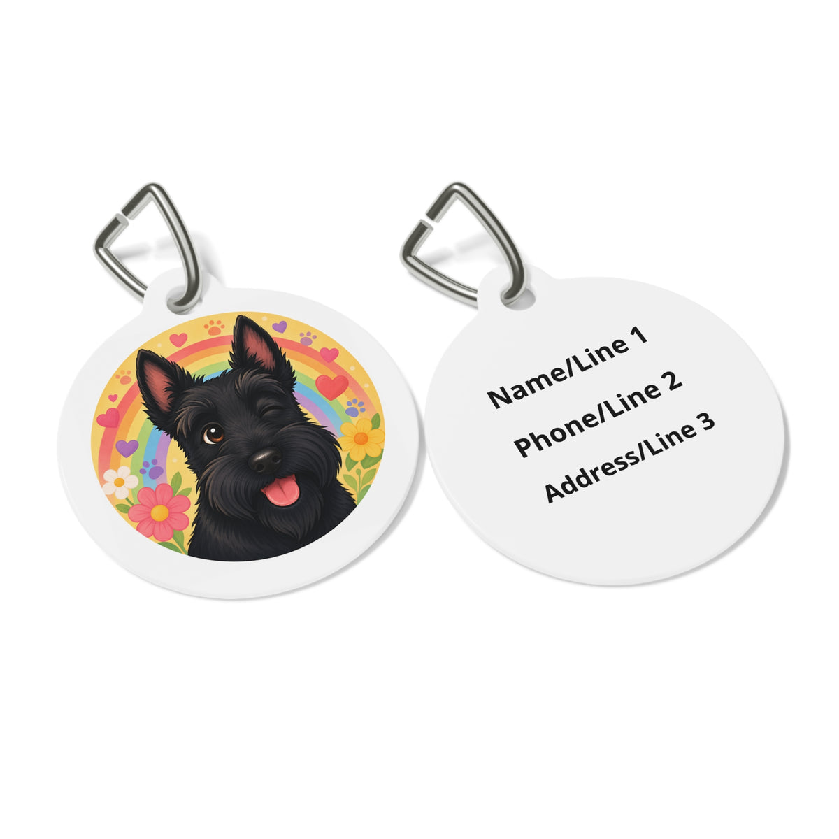 Close-up of Scottish Terrier Floral Pop artwork on personalized dog ID tag