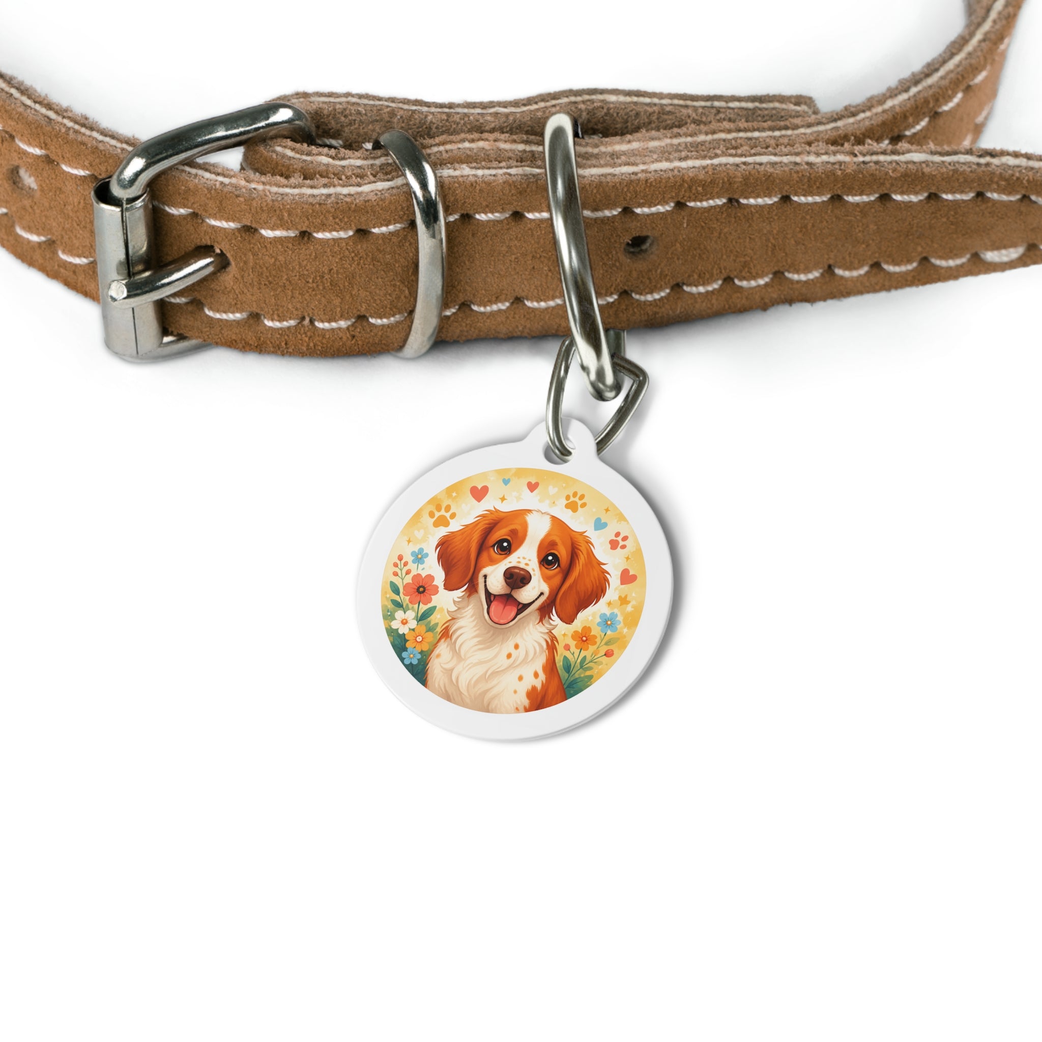 Brittany Cheerful Floral Portrait Personalized Dog ID Tag