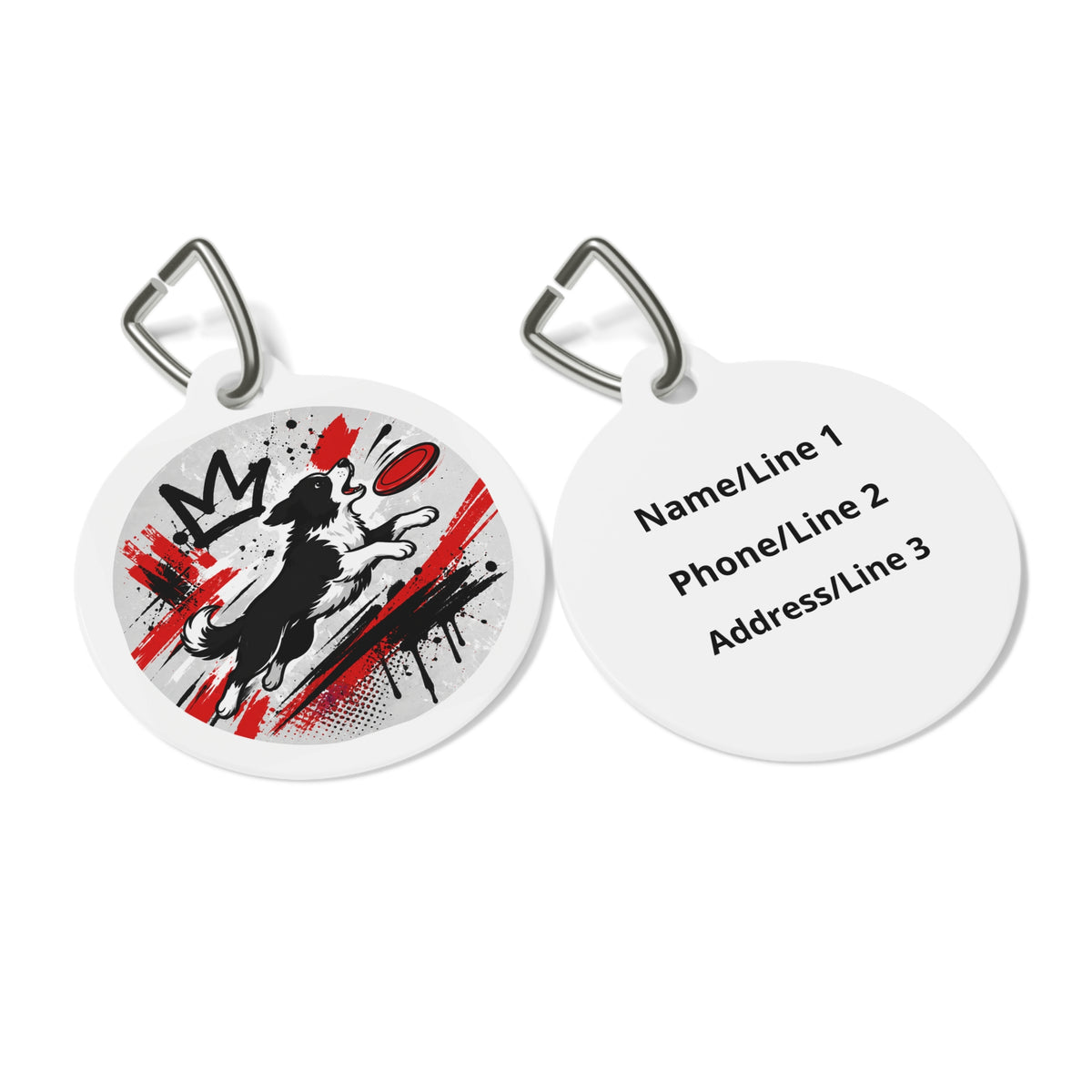 Close-up of Flying Disc Collie Energetic Sports Illustration artwork on personalized dog ID tag