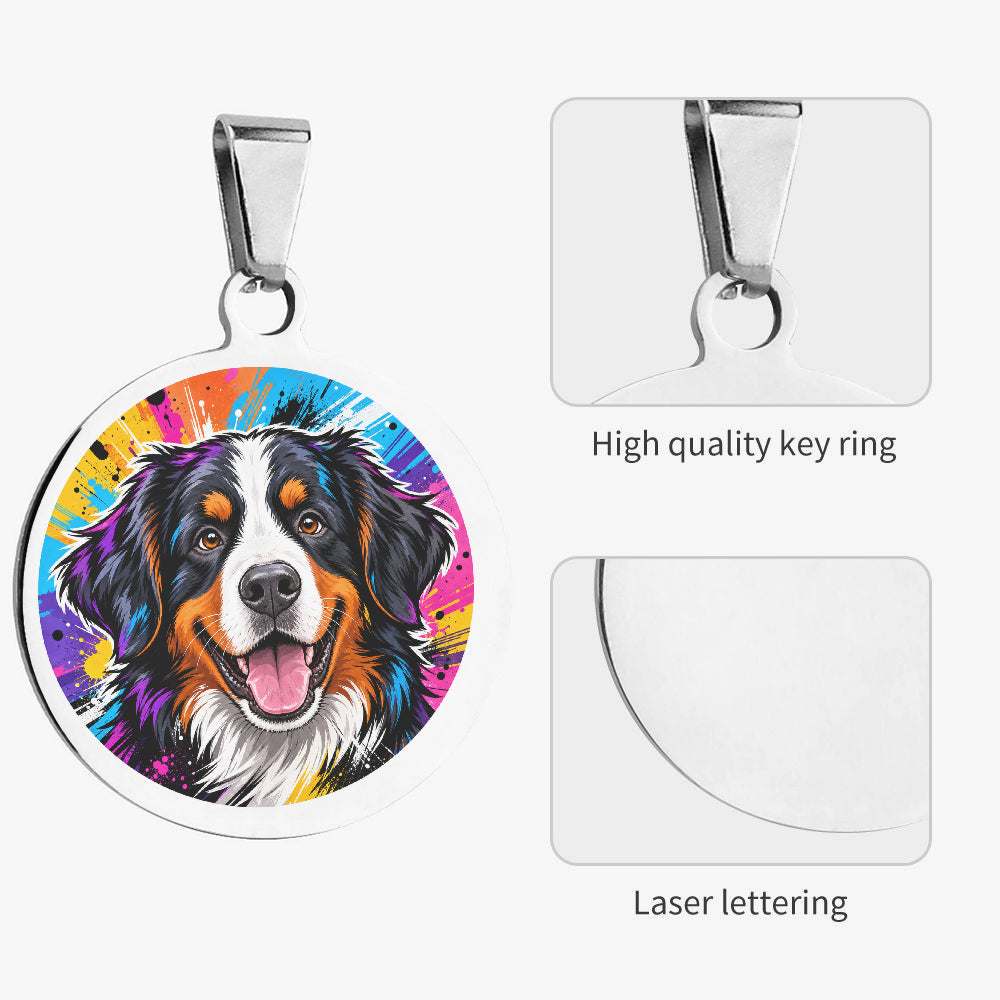 Close-up of Bernese Mountain Dog Neon Paint Portrait artwork on personalized dog ID tag