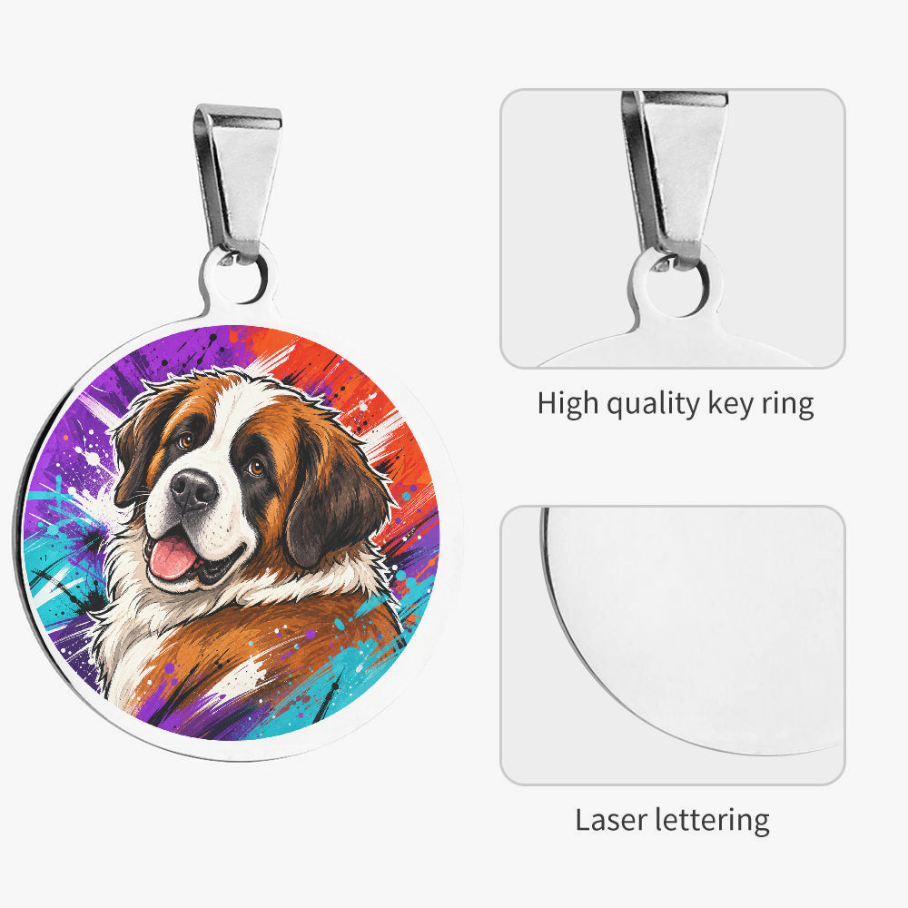 Close-up of Saint Bernard Neon Paint Splash artwork on personalized dog ID tag