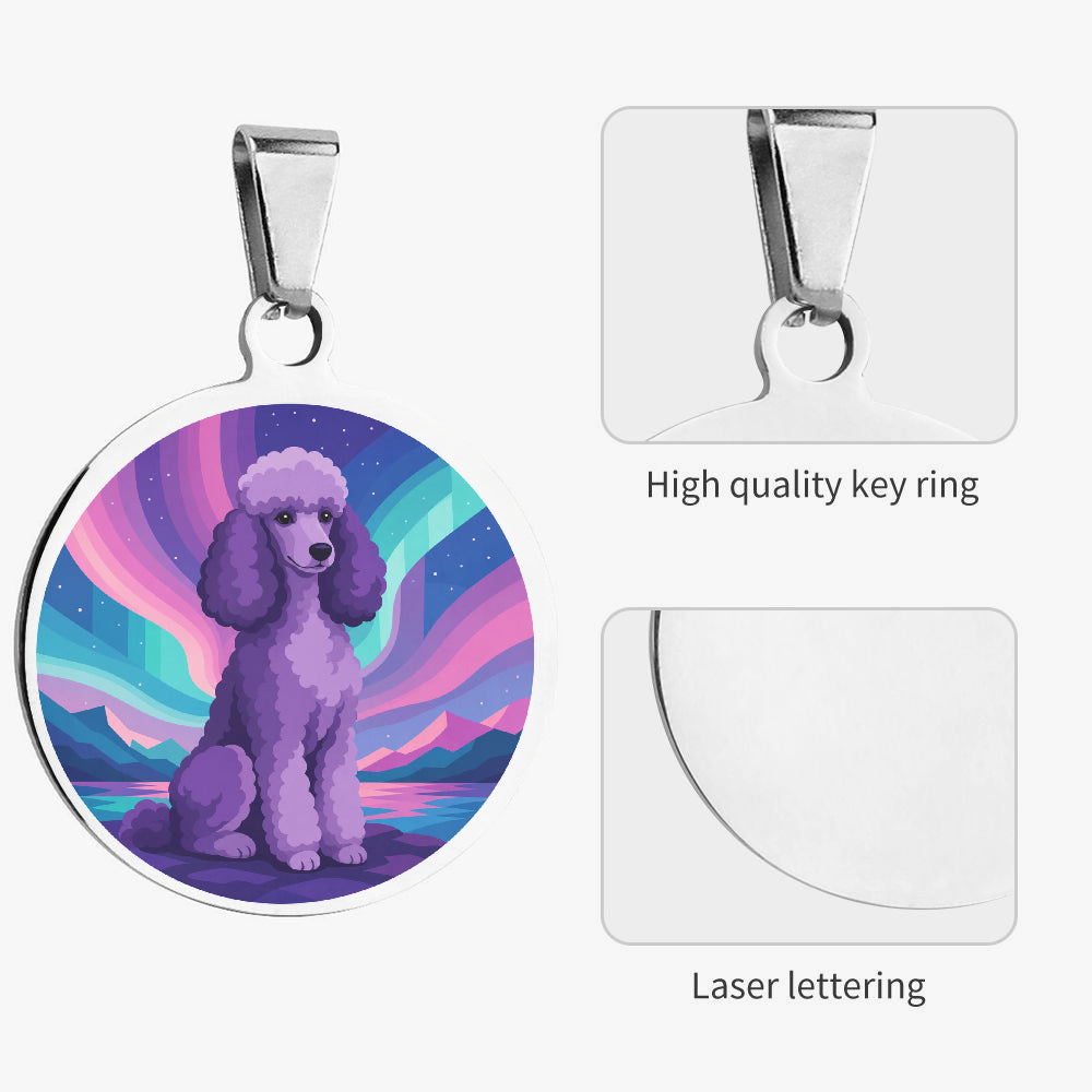 Close-up of Poodle Purple Aurora Portrait artwork on personalized dog ID tag