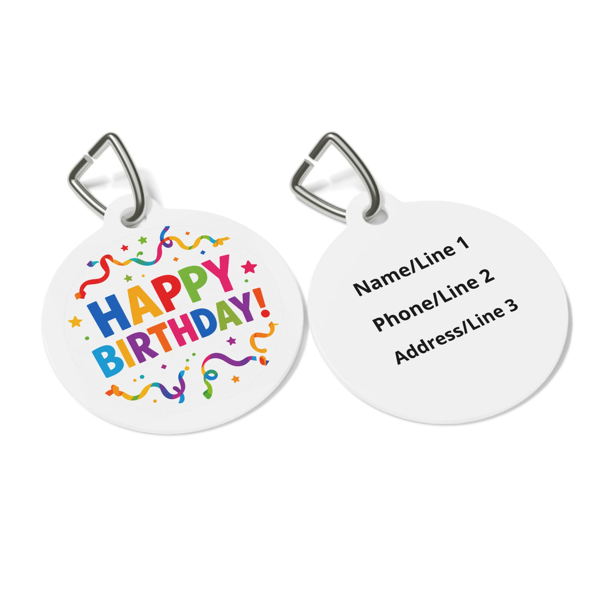 Close-up of Bold Rainbow Confetti Celebration artwork on personalized dog ID tag