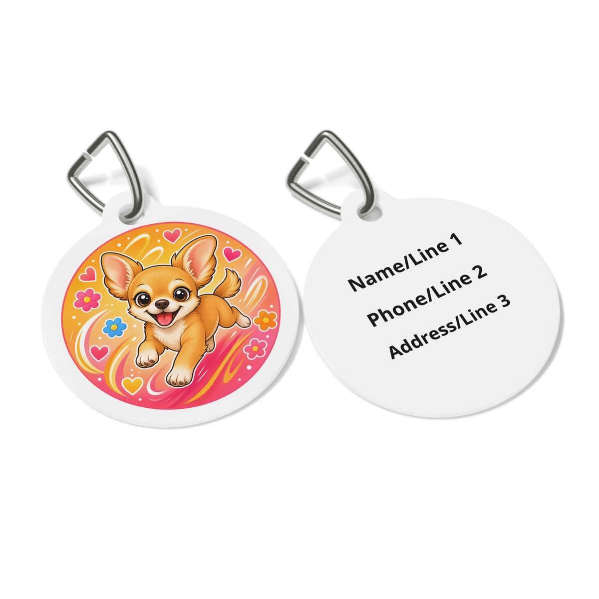 Close-up of Chihuahua Kawaii Orange Hearts artwork on personalized dog ID tag
