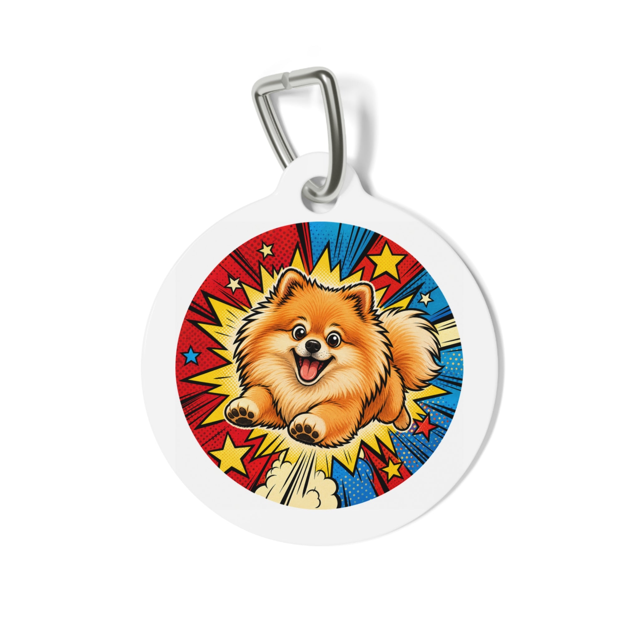 Pomeranian Comic Action Super Pup Personalized Dog ID Tag