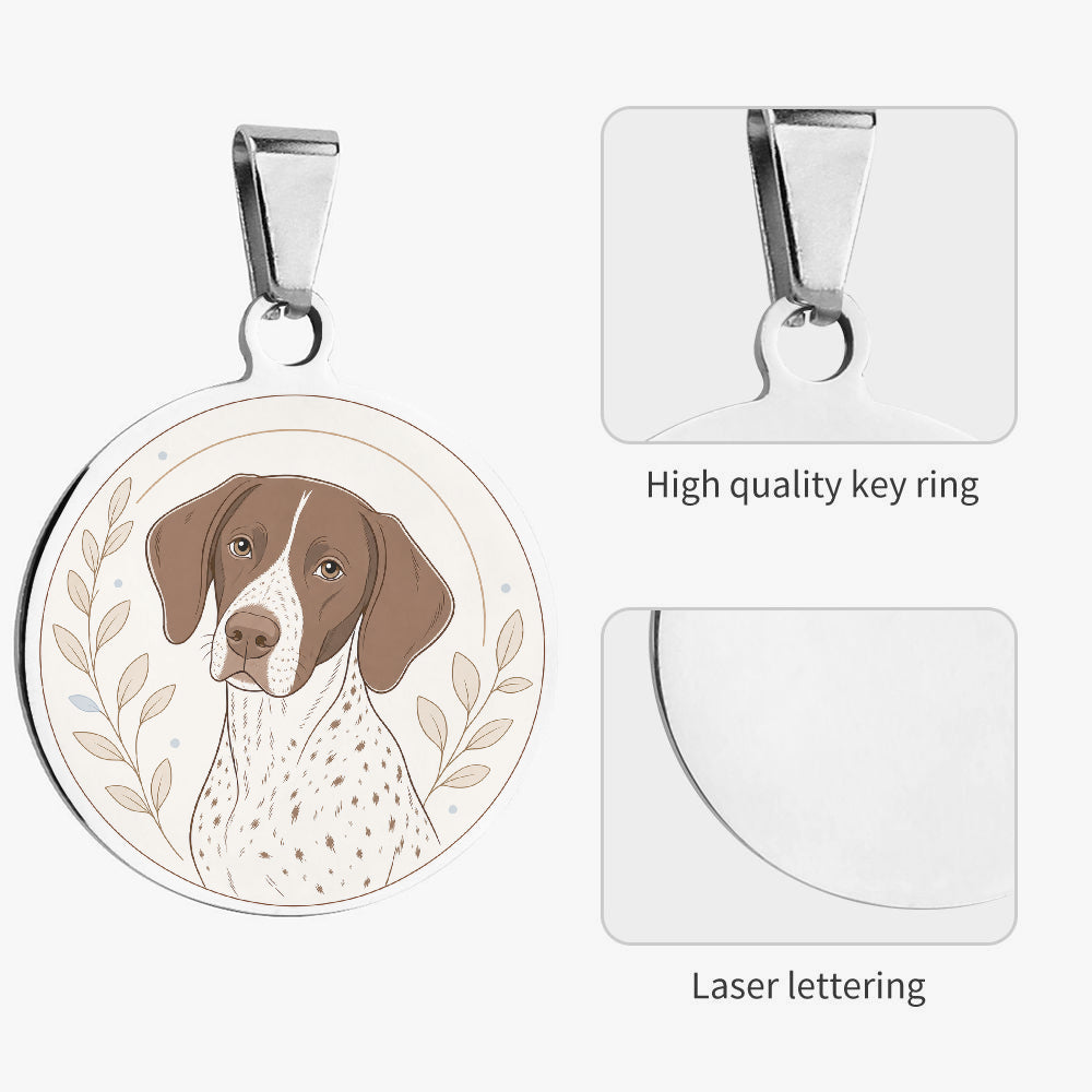 Close-up of German Shorthaired Pointer Botanical Line Portrait artwork on personalized dog ID tag