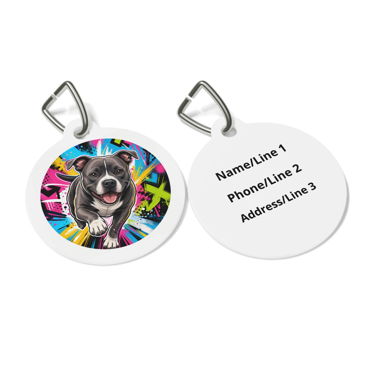 Close-up of Staffordshire Bull Terrier Urban Graffiti artwork on personalized dog ID tag