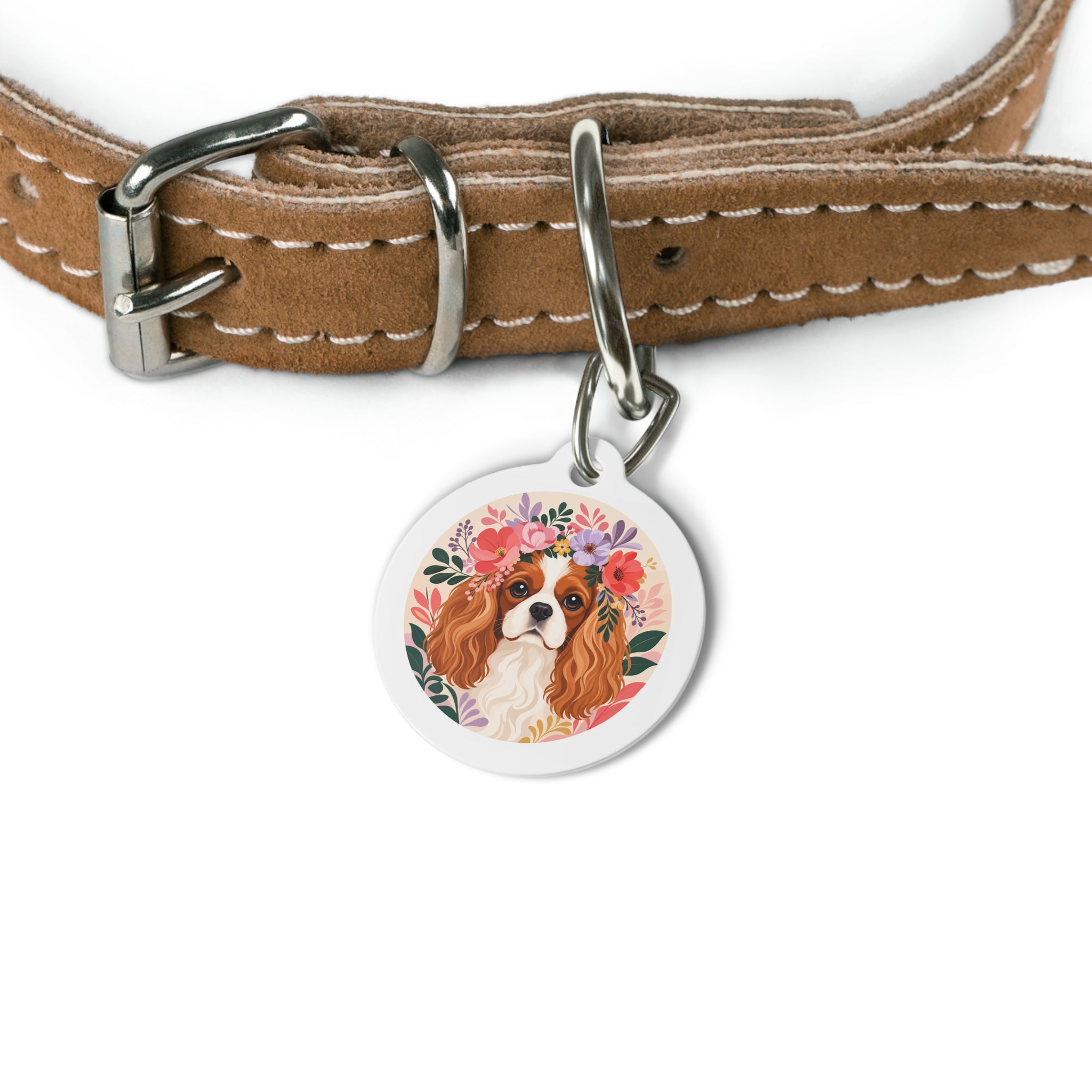 Cavalier King Charles Spaniel Floral Personalized Dog ID Tag