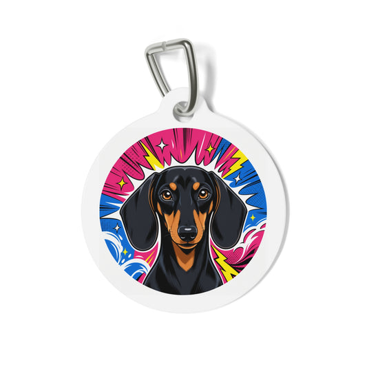 Dachshund Pop Art Pet ID Tag — Personalized Round Dog Name & Phone Tag