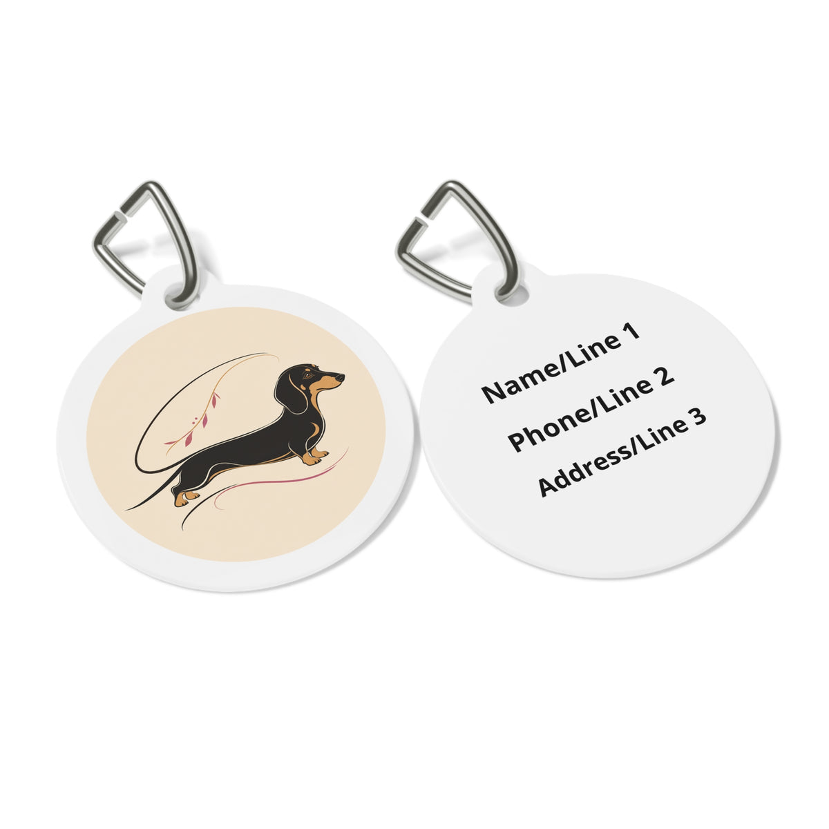 Close-up of Dachshund Cheerful Playful Portrait artwork on personalized dog ID tag