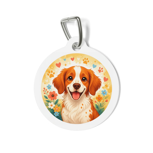 Brittany Cheerful Floral Portrait Personalized Dog ID Tag