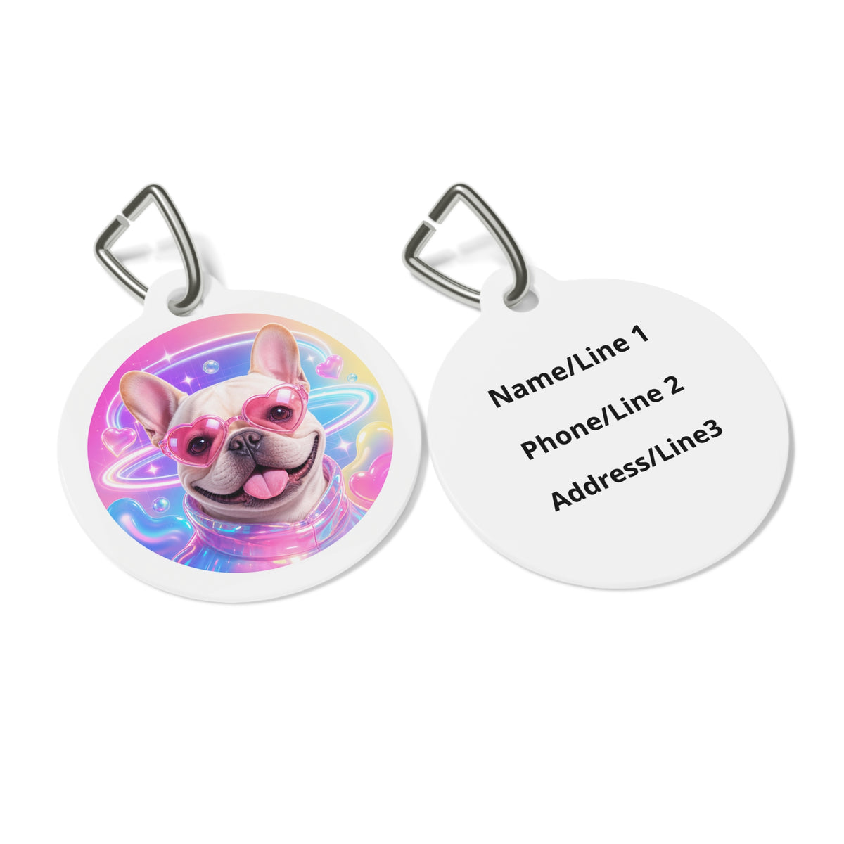 Close-up of French Bulldog Pink Heart Sunglasses artwork on personalized dog ID tag
