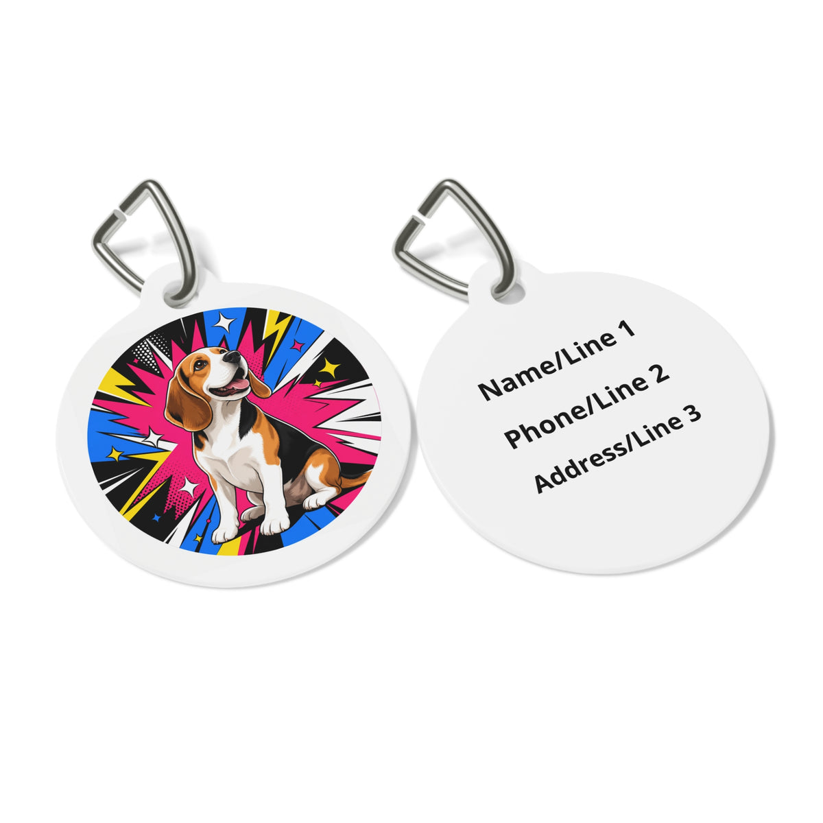 Close-up of Beagle Superhero Comic artwork on personalized dog ID tag