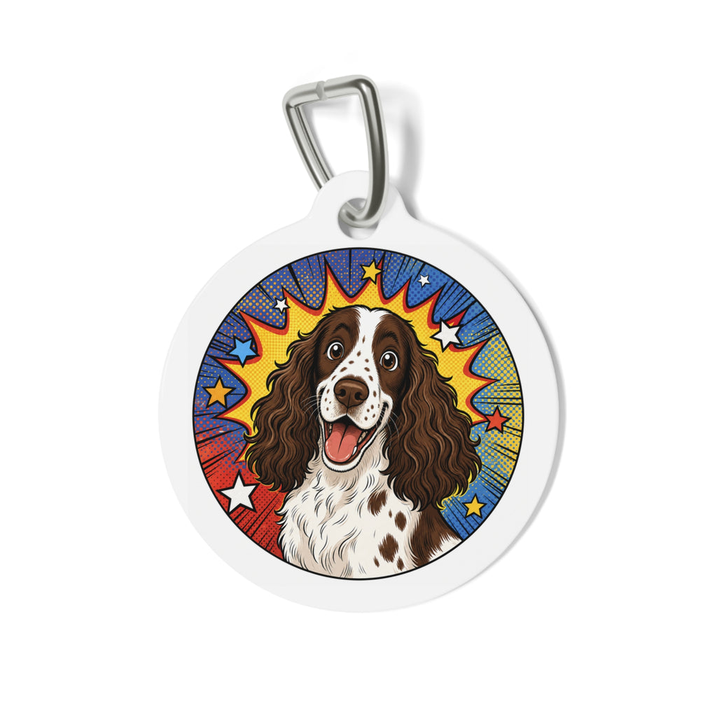 Placa identificativa personalizada de perro de Springer Spaniel Inglés Comic Starburst