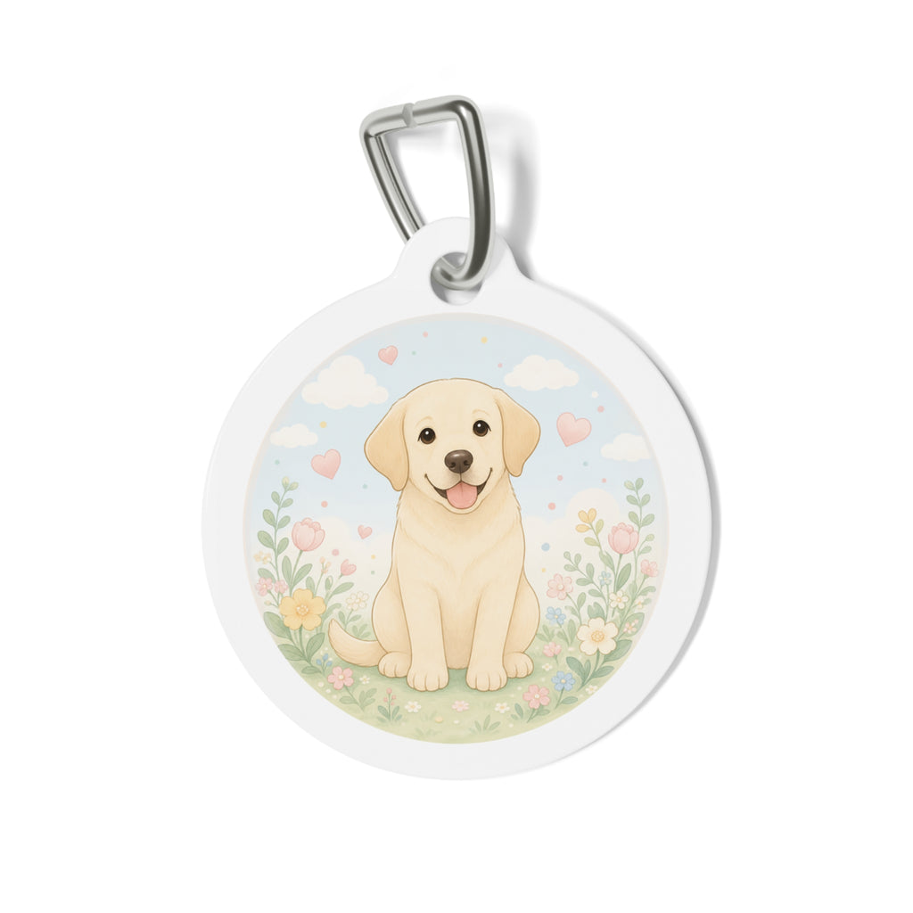 Etiqueta de identificación de perro personalizada con cachorro Labrador Retriever y prado pastel