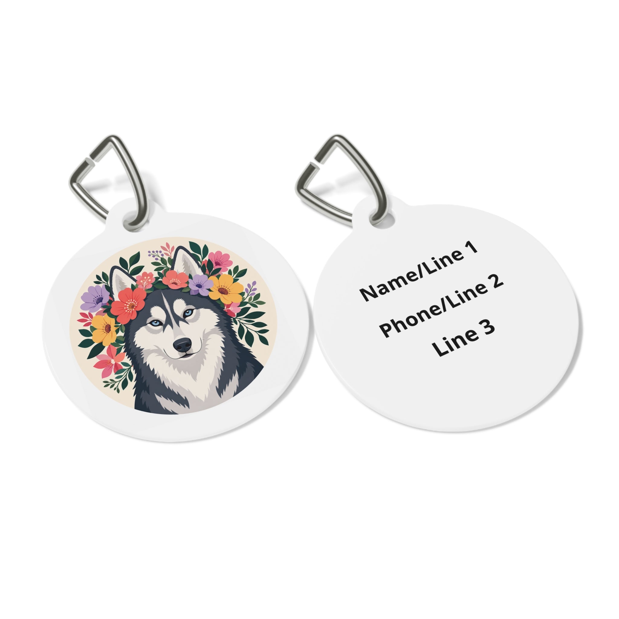 Siberian Husky Wildflower Crown Personalized Dog ID Tag