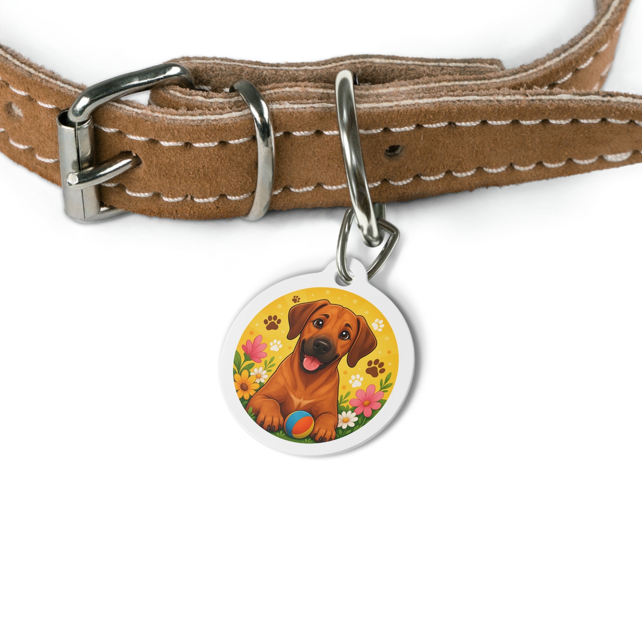 Rhodesian Ridgeback Playful Ball & Flowers Personalized Dog ID Tag