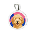 Etiqueta de identificación de perro personalizada Goldendoodle, retrato vívido y alegre