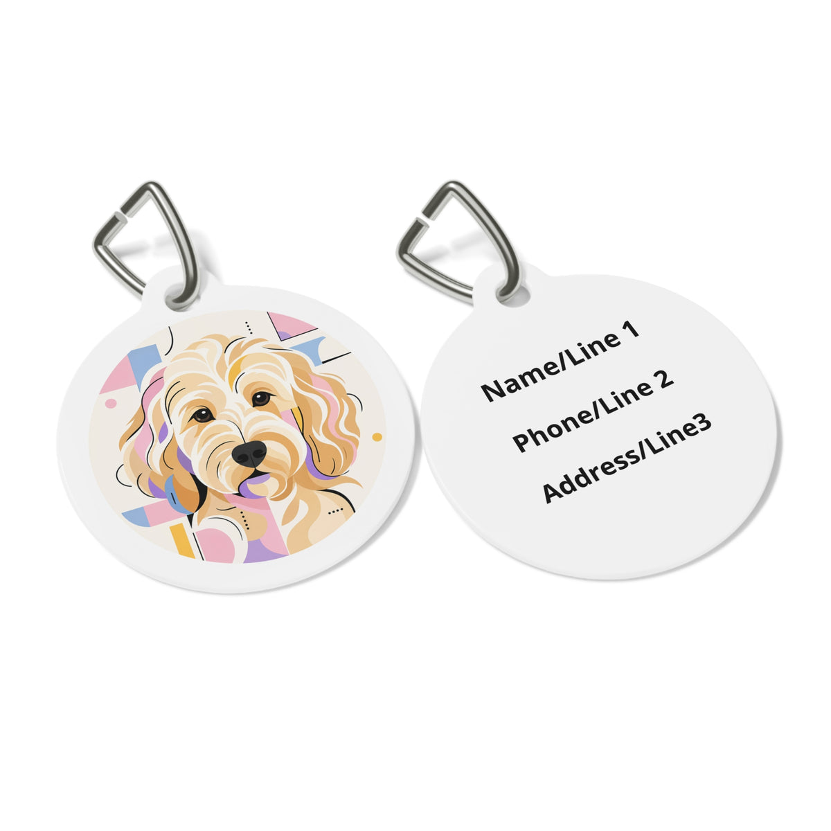 Close-up of Goldendoodle Bright Geometric Doodle artwork on personalized dog ID tag
