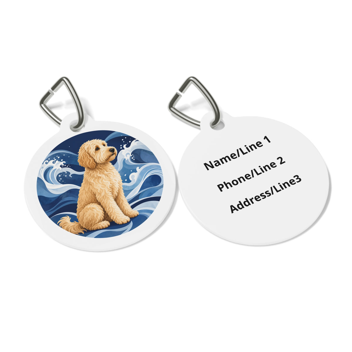 Close-up of Goldendoodle Seaside Golden Portrait artwork on personalized dog ID tag
