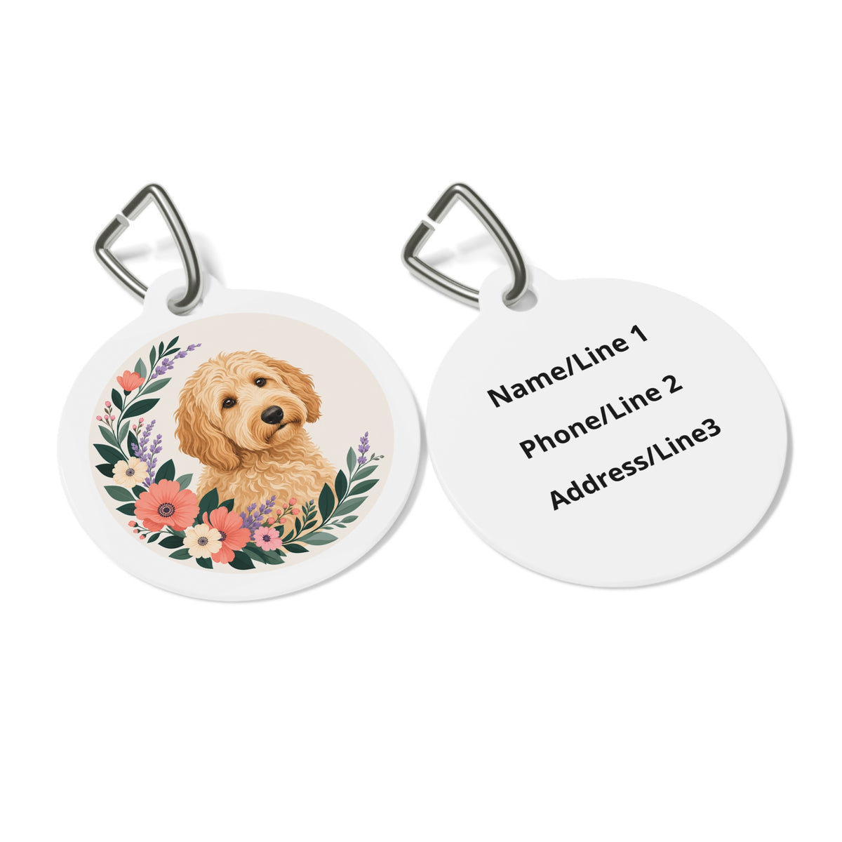 Close-up of Goldendoodle Delicate Floral Portrait artwork on personalized dog ID tag