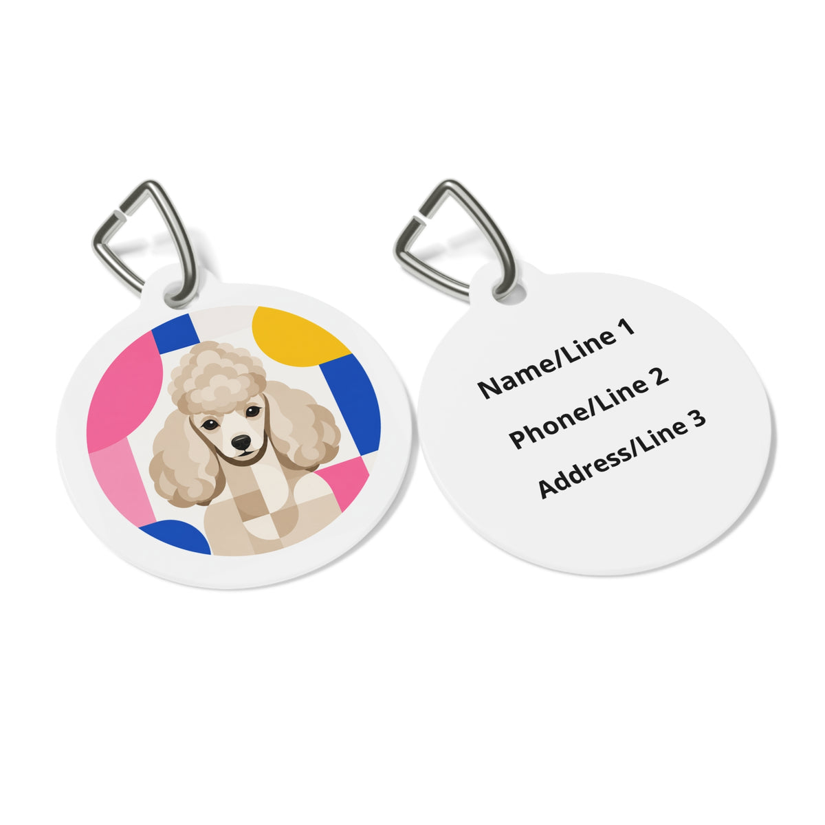 Close-up of Toy Poodle Bauhaus Cream Show Poodle artwork on personalized dog ID tag