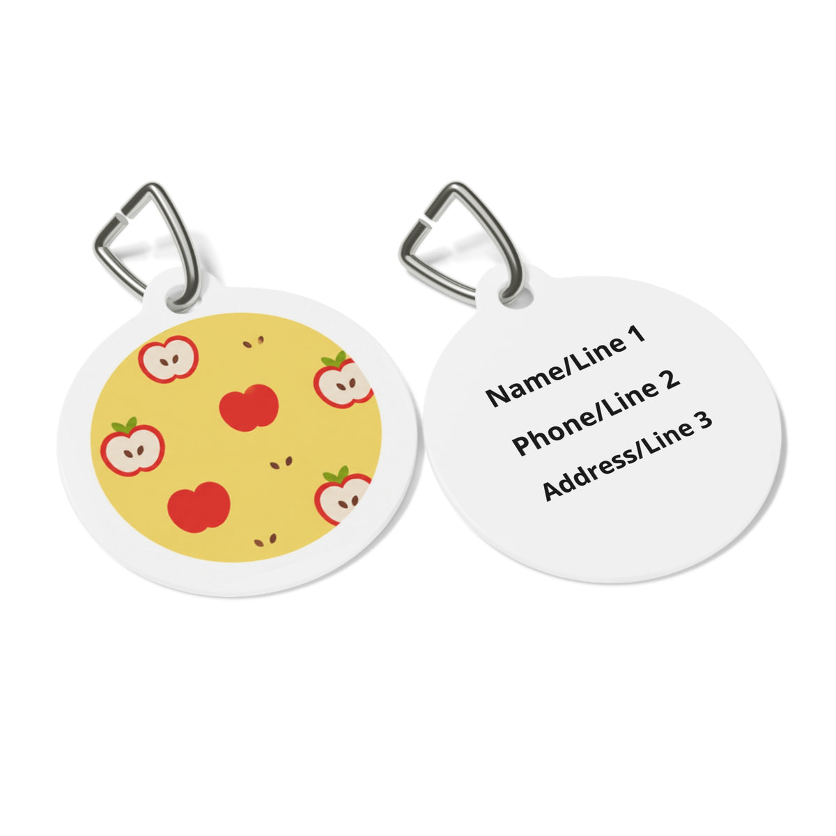 Close-up of Apple Orchard Cheerful Fruit Pattern artwork on personalized dog ID tag