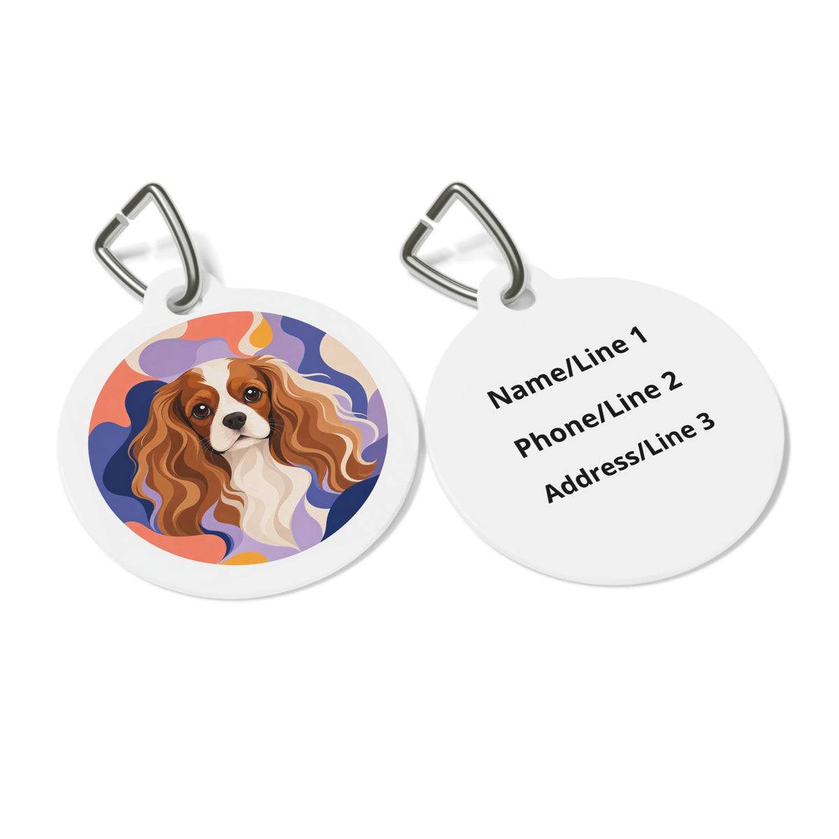 Close-up of Cavalier King Charles Spaniel Retro Art artwork on personalized dog ID tag