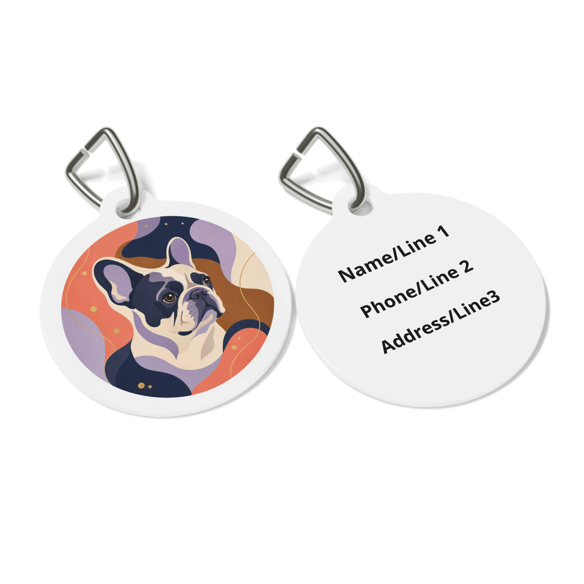 Close-up of French Bulldog Cheerful Playful Portrait artwork on personalized dog ID tag